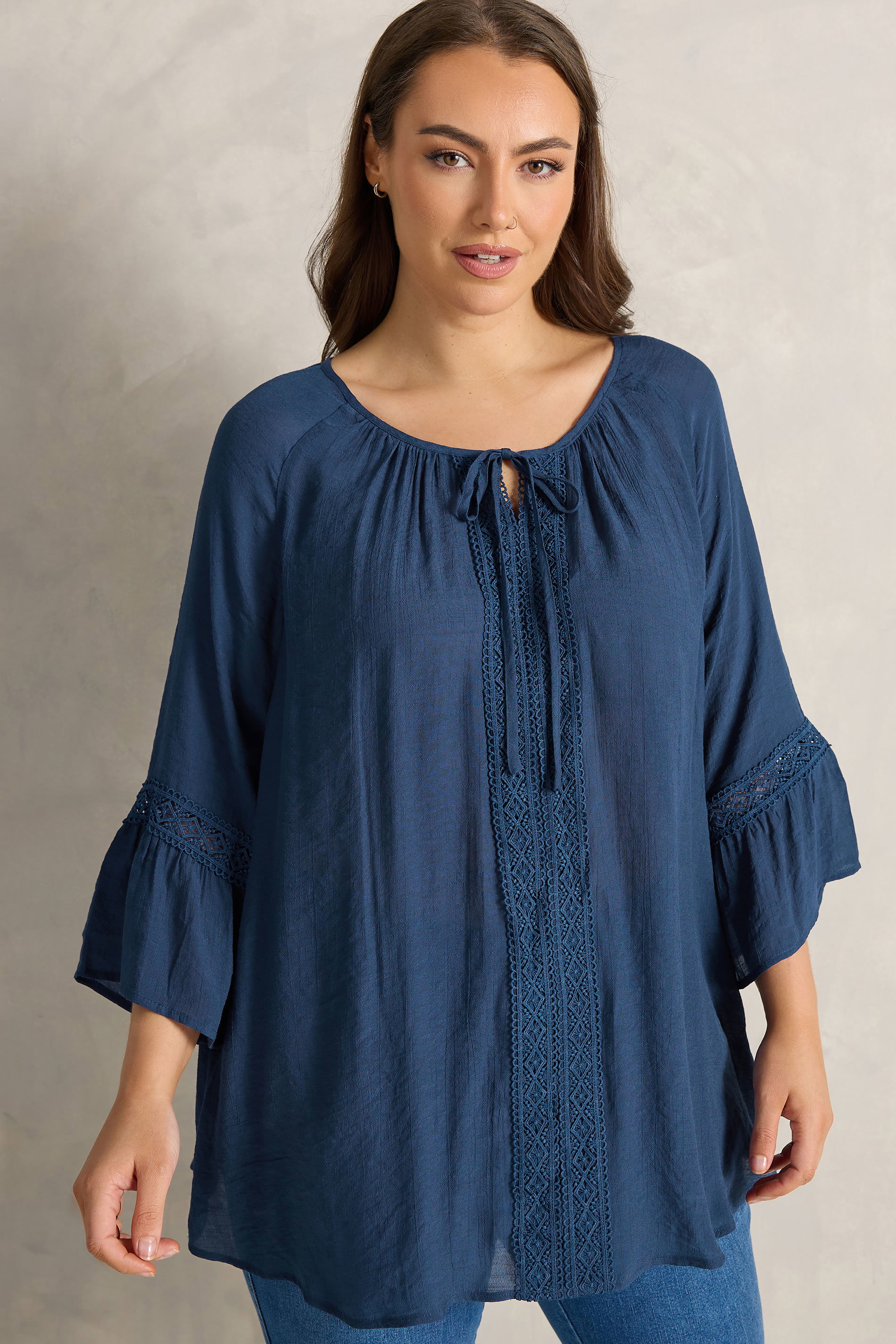 EVANS Plus Size Navy Blue Crochet Detail Tie Neck Blouse | Evans  1