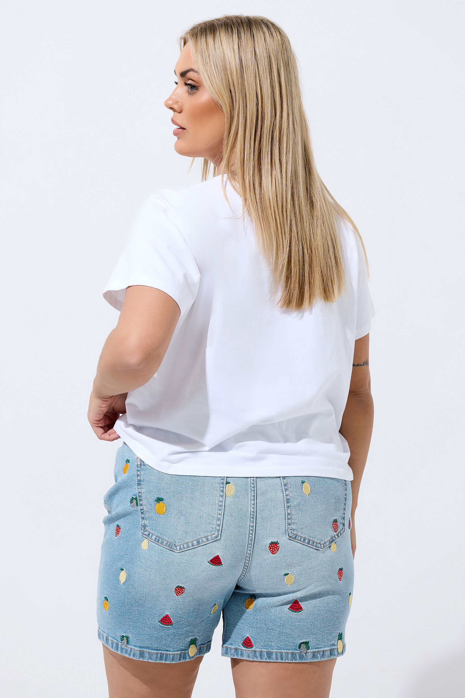 LIMITED COLLECTION Plus Size Blue Embroidered Fruit Denim Shorts | Yours Clothing 2