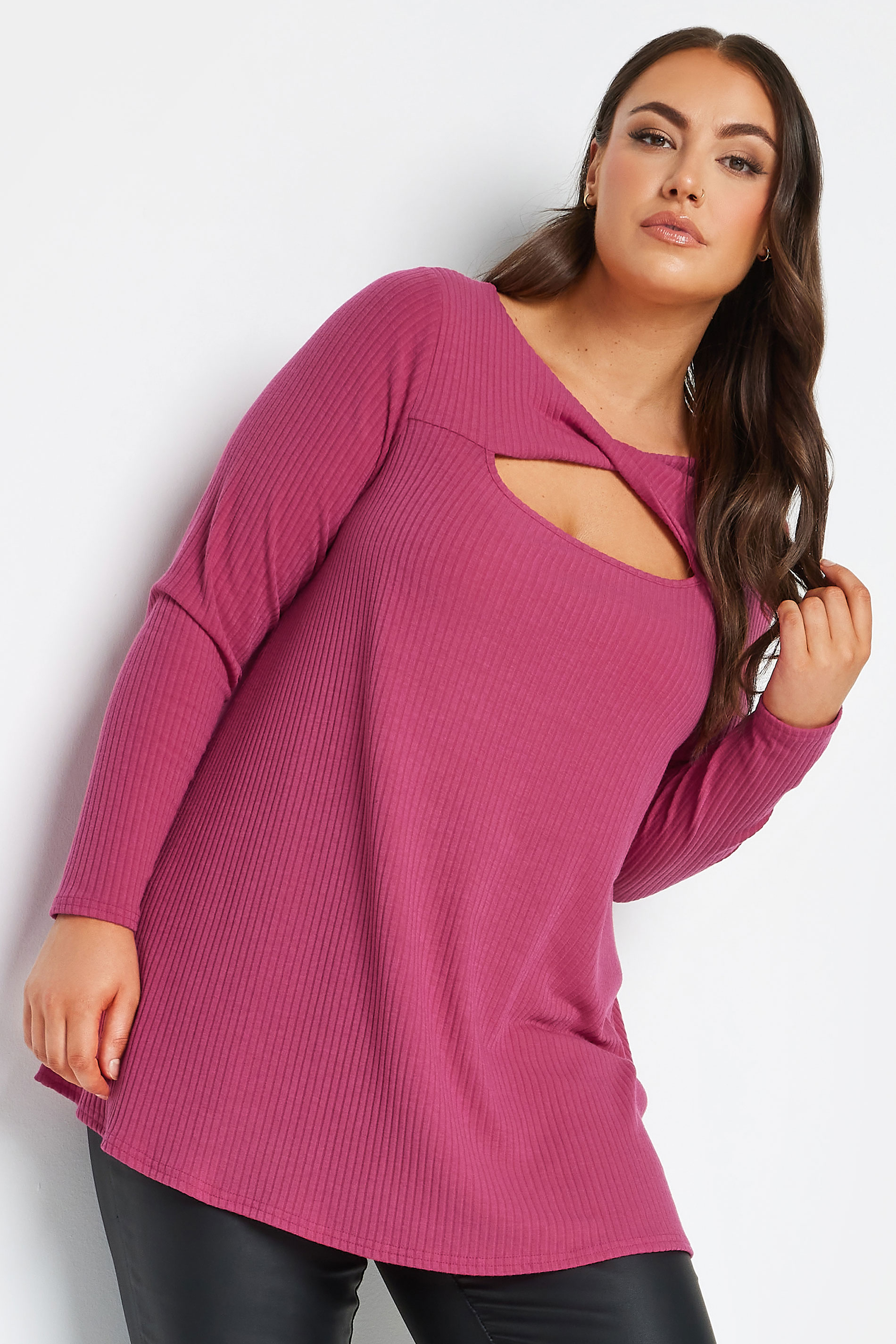 YOURS Plus Size Pink Twisted Front Ribbed Top | Yours Clothing 1