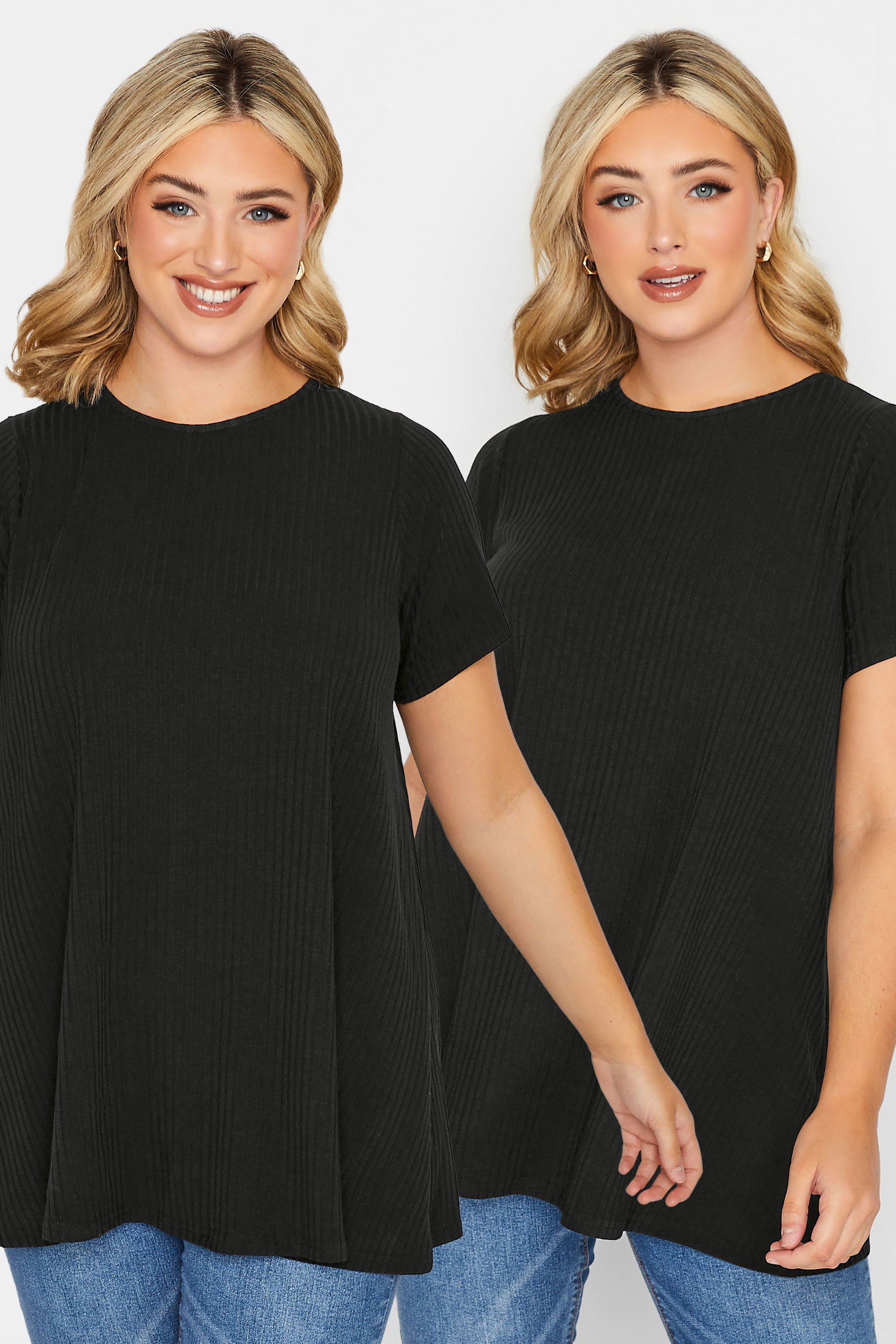 YOURS Curve Plus Size 2 PACK Black Ribbed Swing Tops | Yours Clothing  1