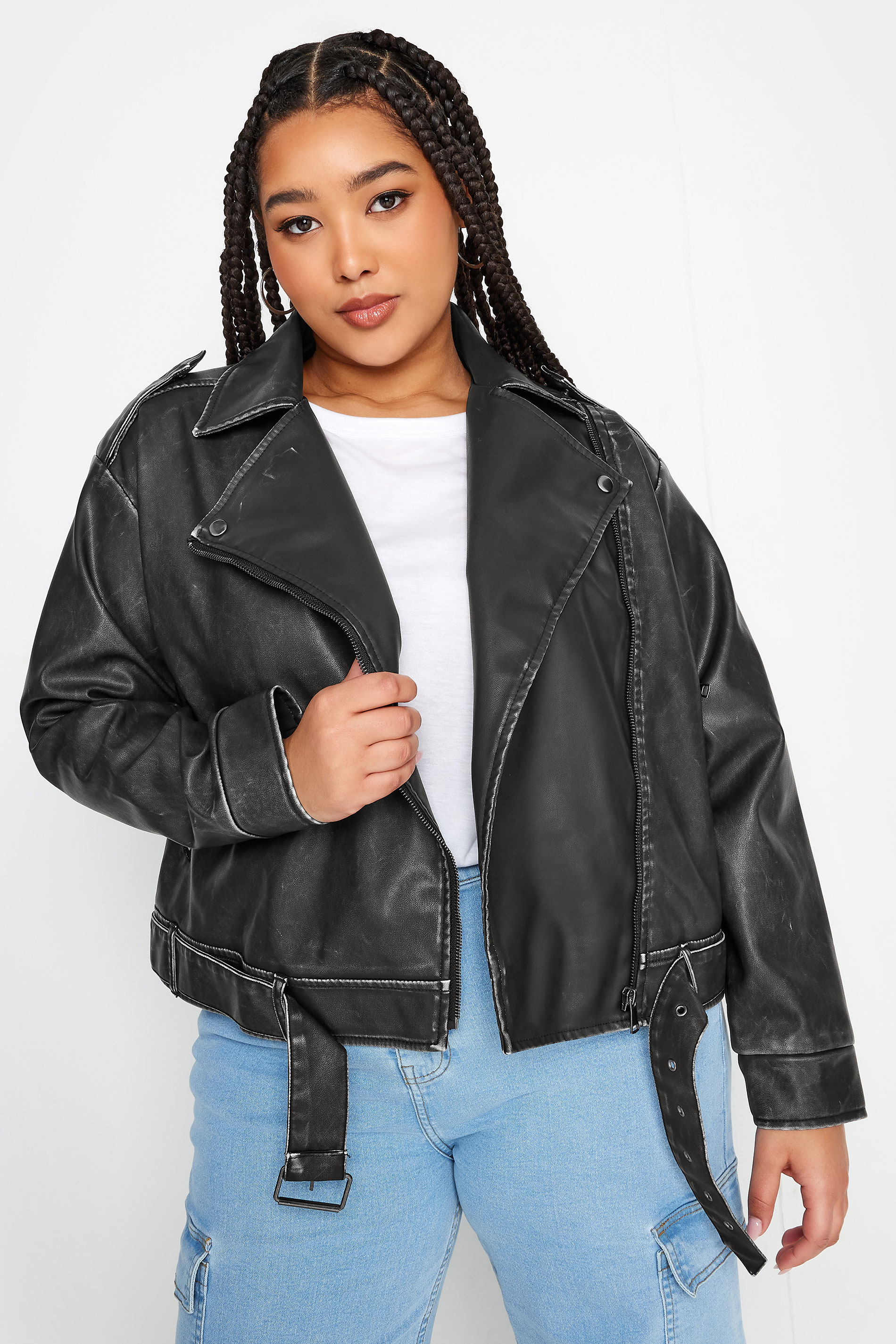 YOURS Plus Size Black Washed Faux Leather Biker Jacket | Yours Clothing 2