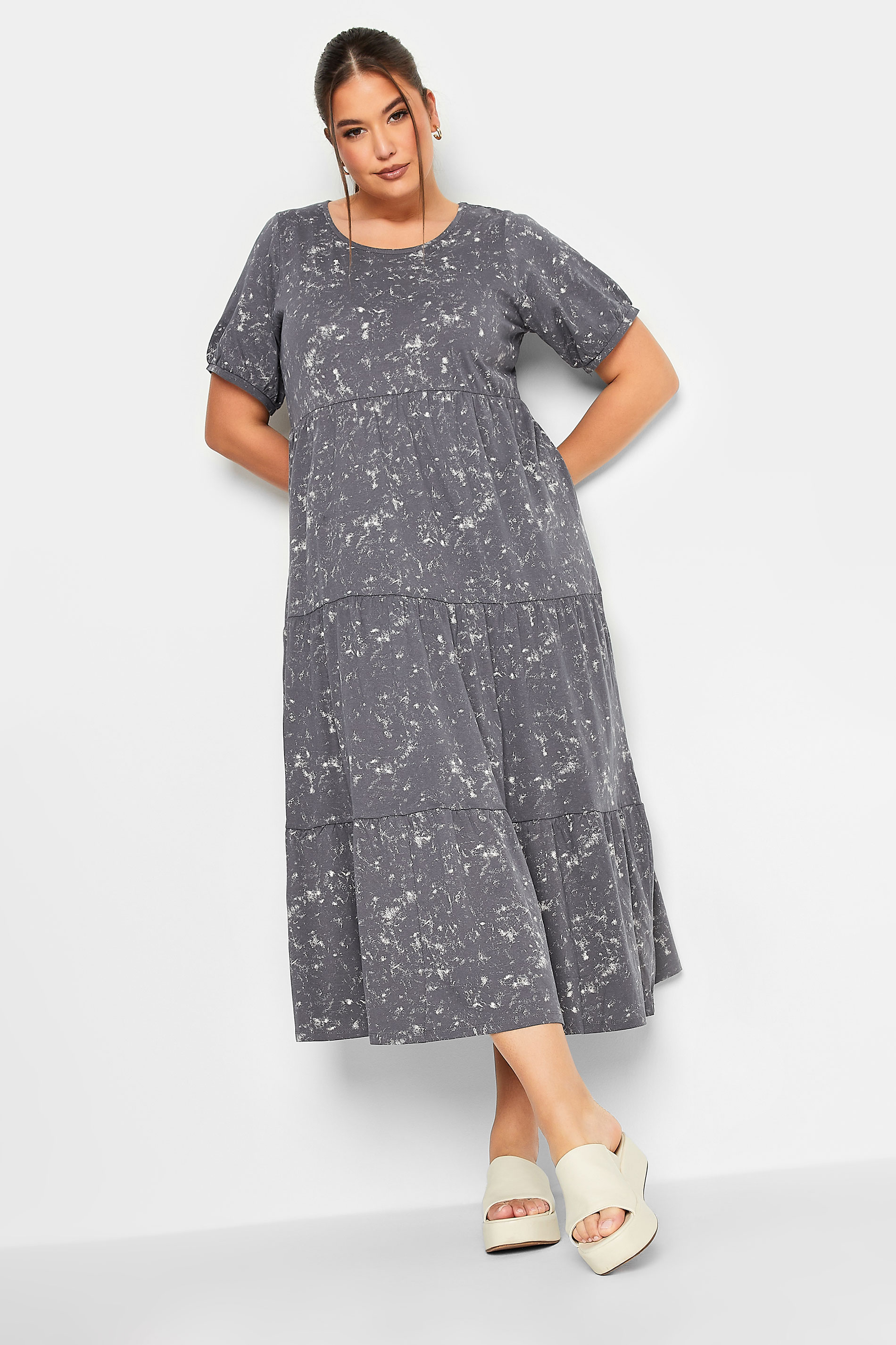 LIMITED COLLECTION Plus Size Grey Acid Wash Cotton Tier Dress | Yours Clothing 1