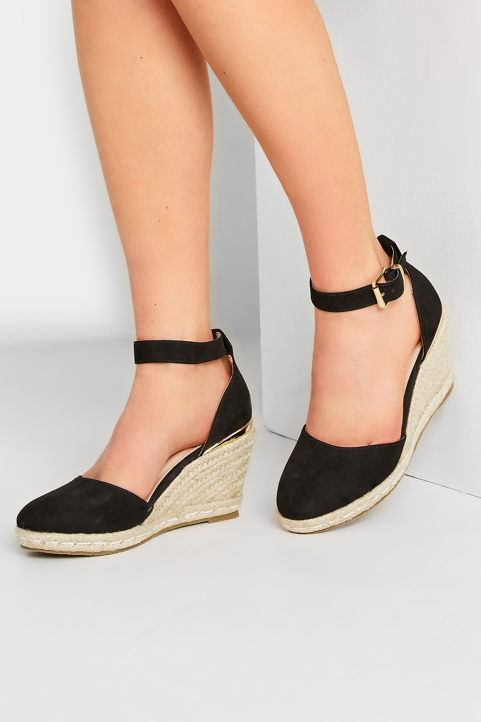 PixieGirl Black Espadrille Wedge Sandals In Standard Fit | PixieGirl 1