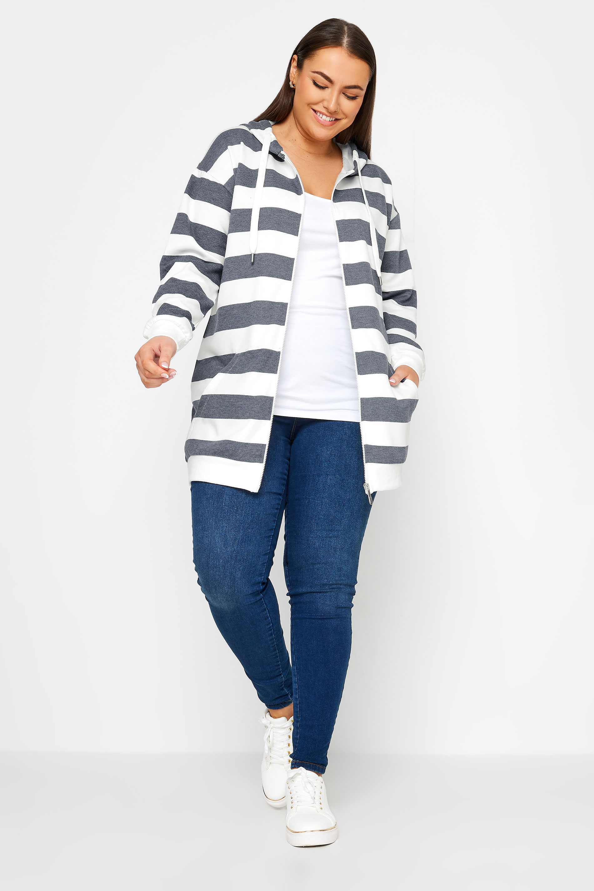 YOURS Plus Size Dark Blue Stripe Zip Through Hoodie | Yours Clothing 2
