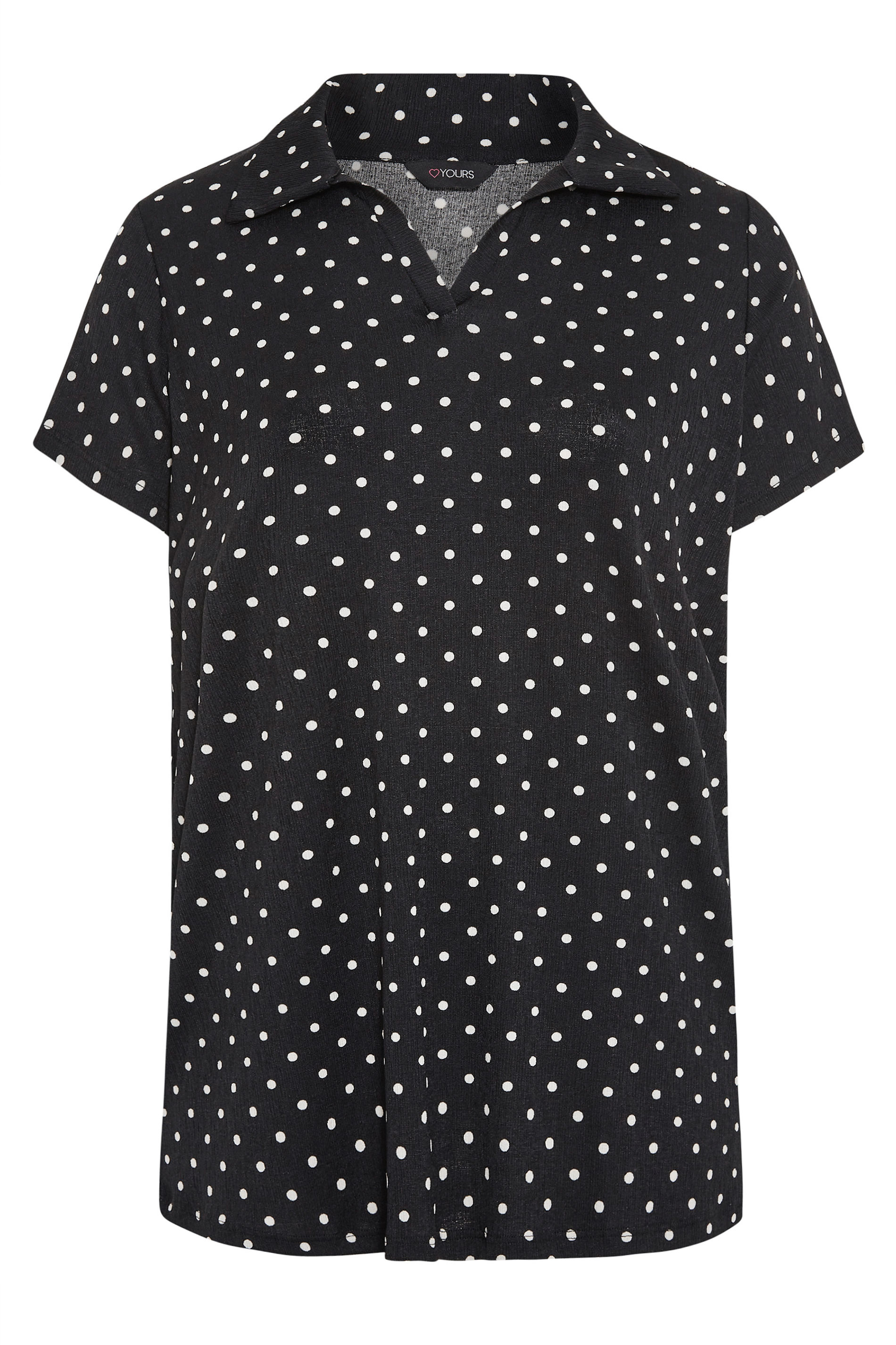 Black Polka Dot Textured Polo Top | Yours Clothing