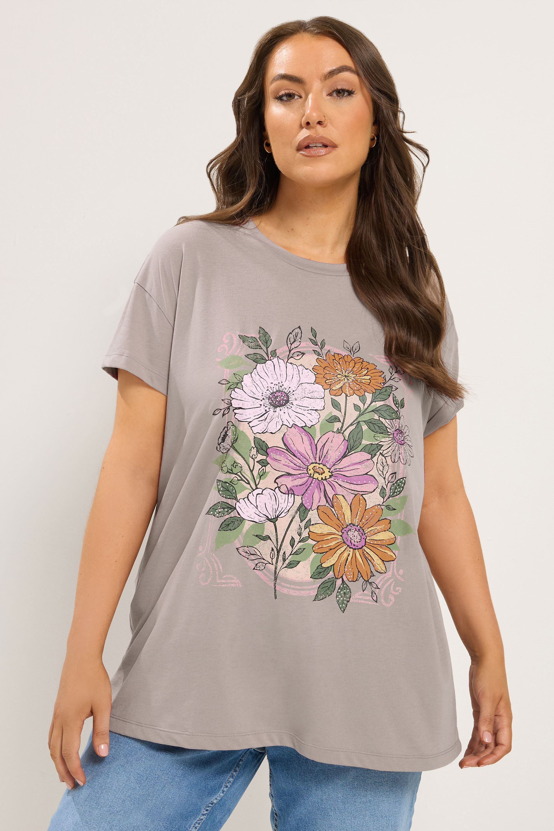 YOURS Plus Size Mocha Brown Floral Stud T-Shirt | Yours Clothing 3