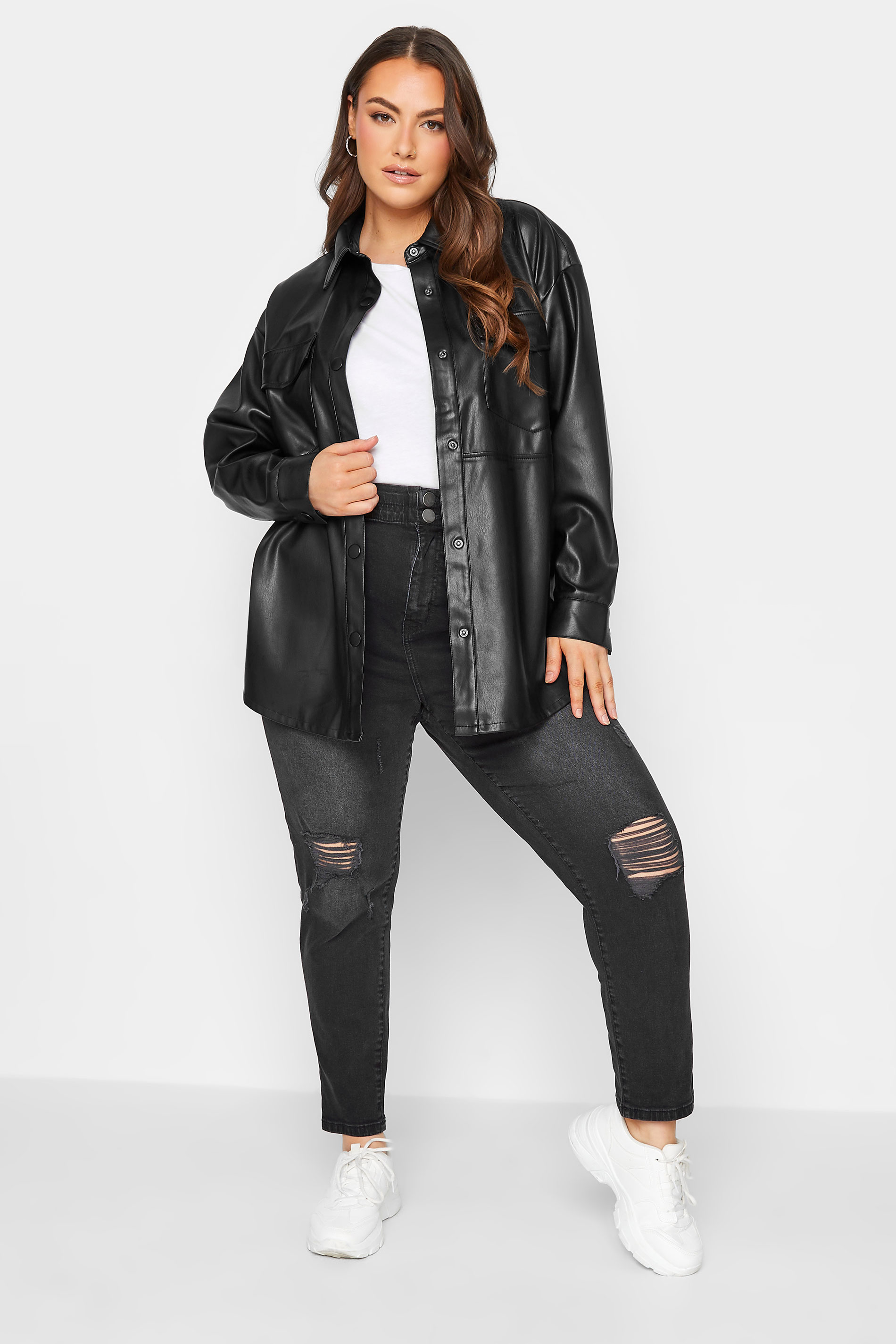 YOURS Plus Size Black Faux Leather Shacket | Yours Clothing 2