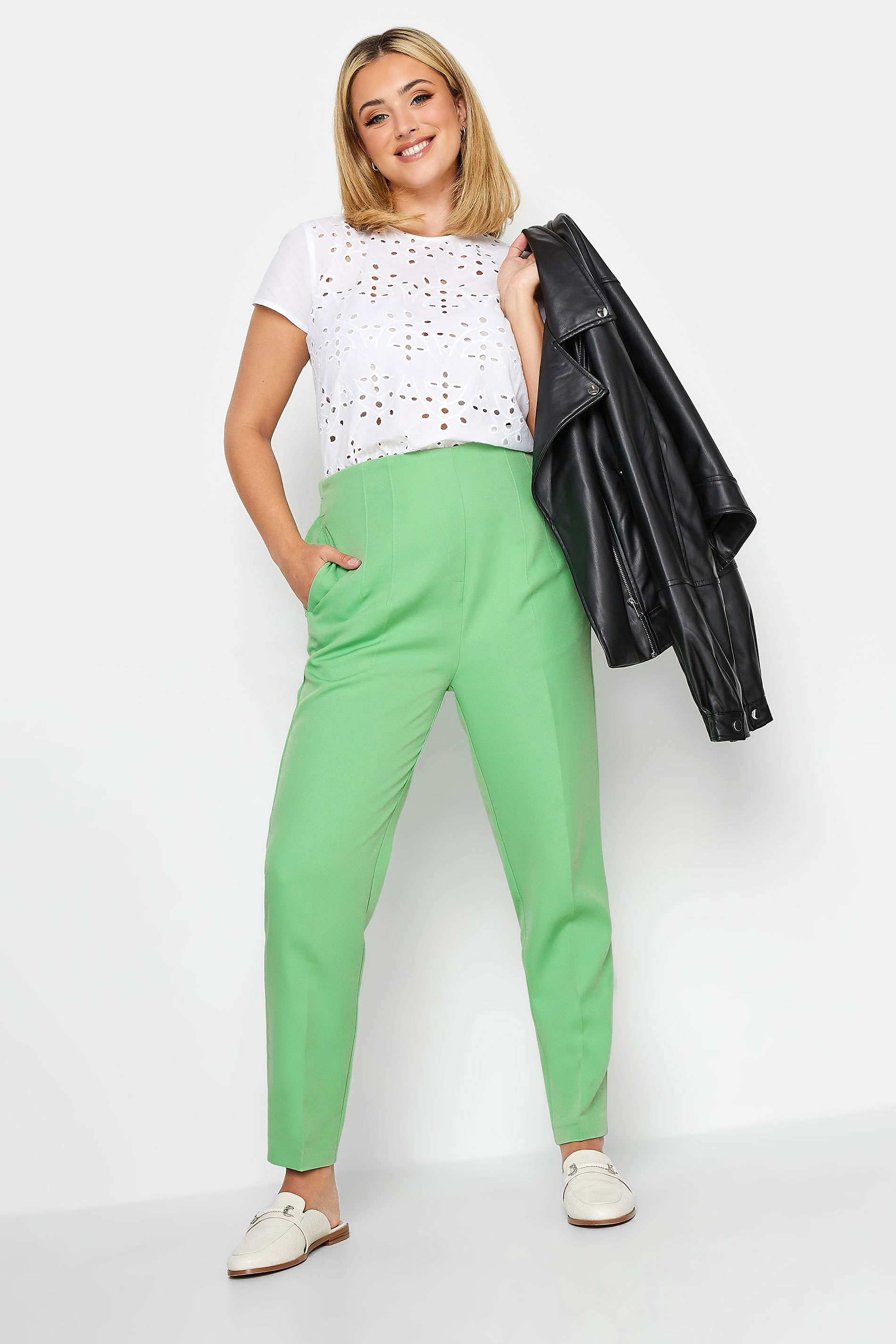 YOURS Plus Size Curve Green Darted Waist Tapered Trousers | Yours Clothing  3