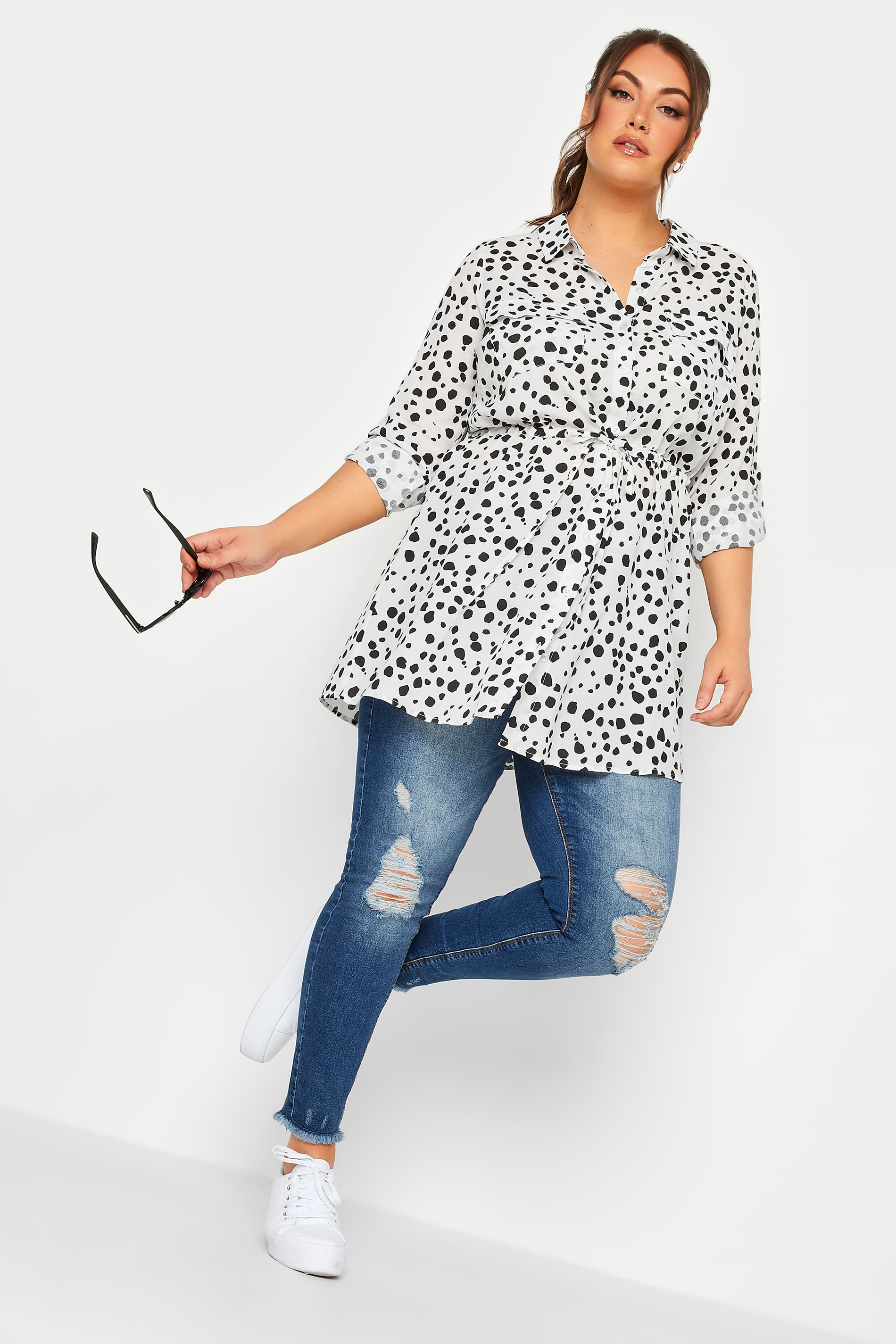 YOURS Plus Size White Dalmatian Print Utility Tunic Shirt | Yours Clothing 3