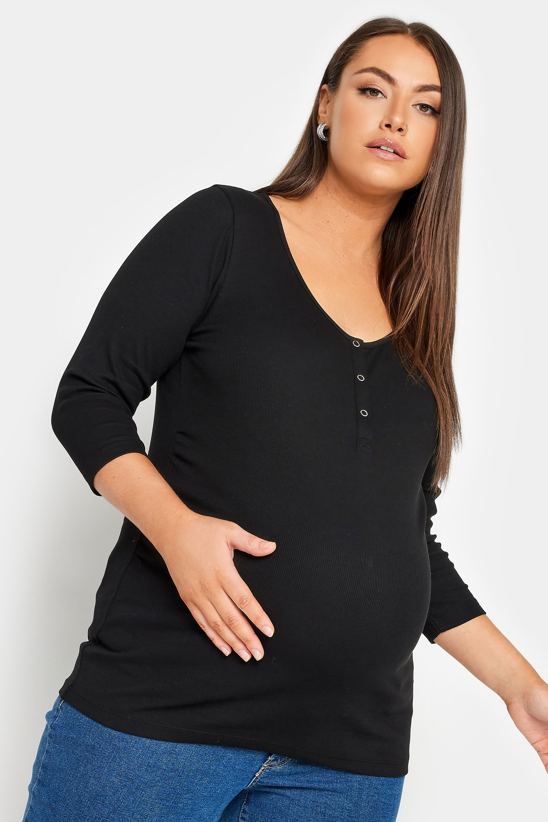 BUMP IT UP MATERNITY Plus Size Black Ribbed Popper Fastening Top | Yours Clothing 1