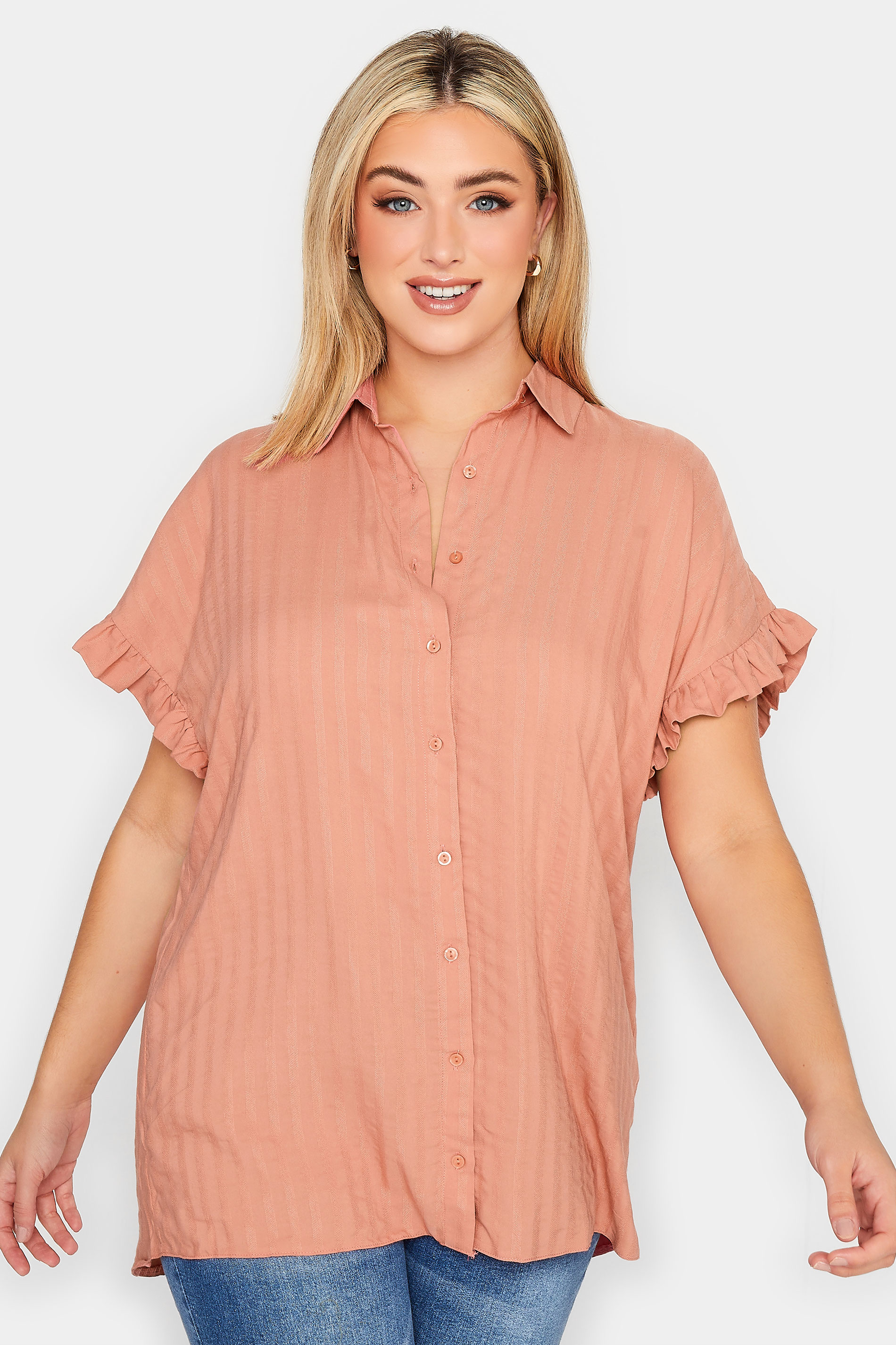 YOURS Plus Size Coral Orange Frill Sleeve Collared Shirt | Yours Clothing 1