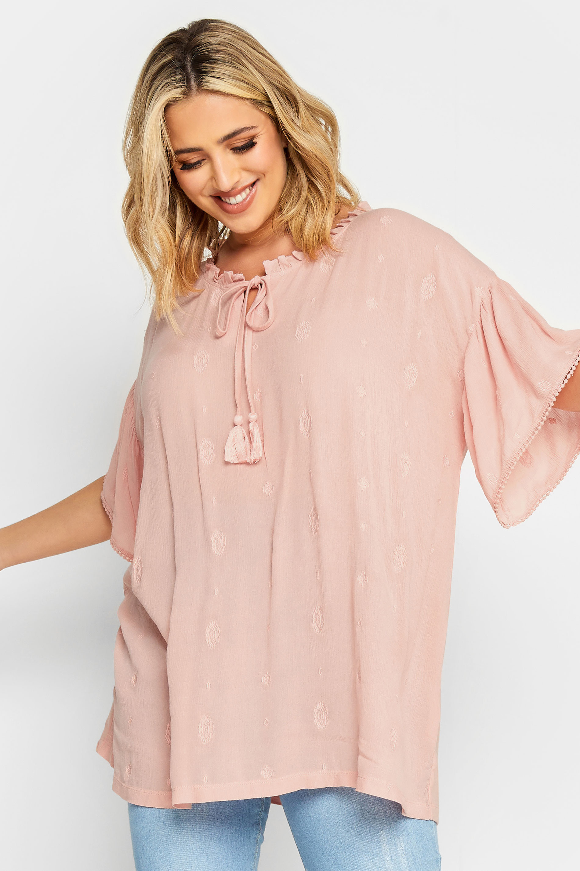 YOURS Curve Plus Size Light Pink Tie Neck Embroidered Gypsy Top | Yours Clothing  1