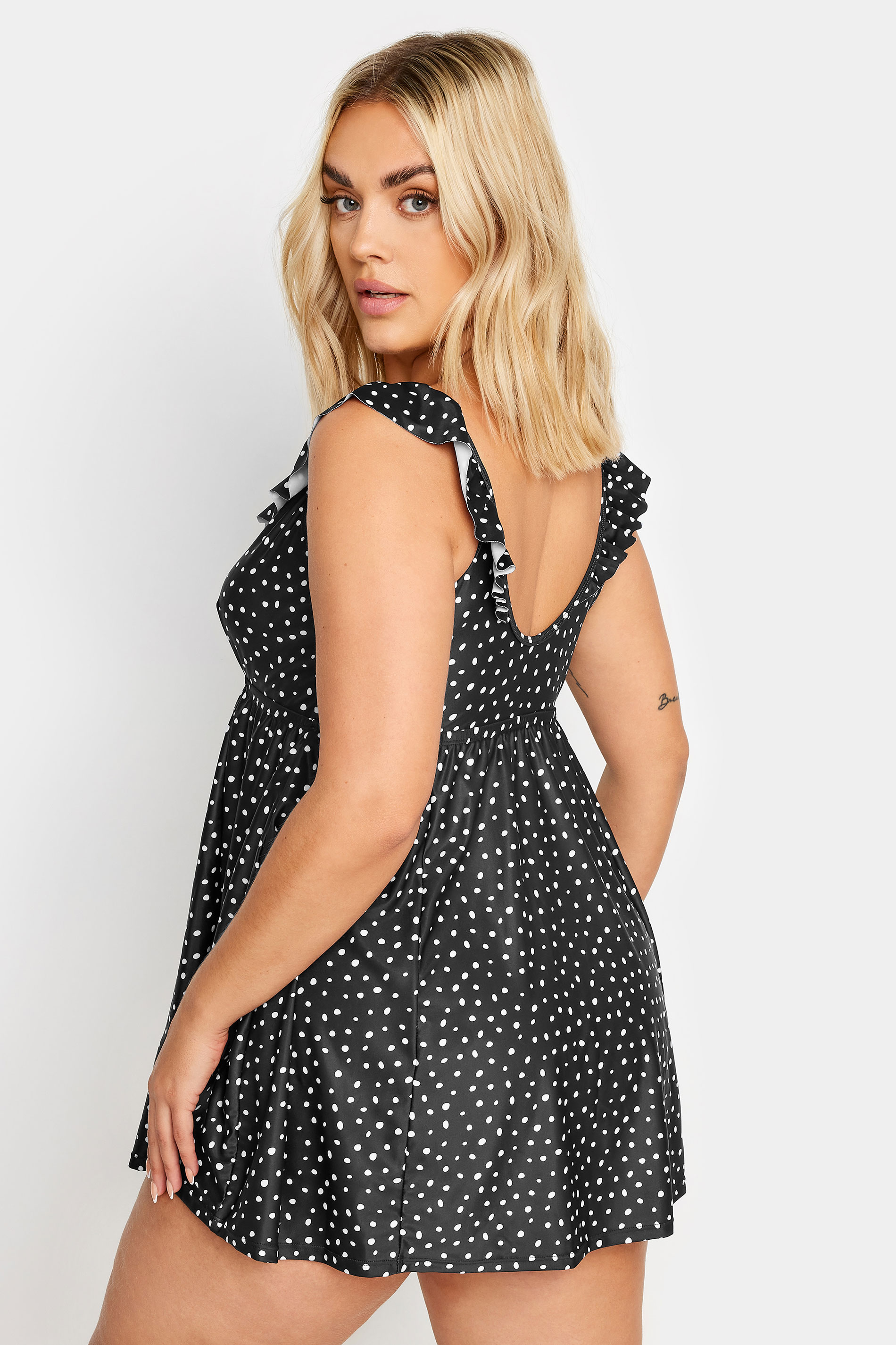 YOURS Plus Size Black Spot Print Frill Swimdress | Yours Clothing 3