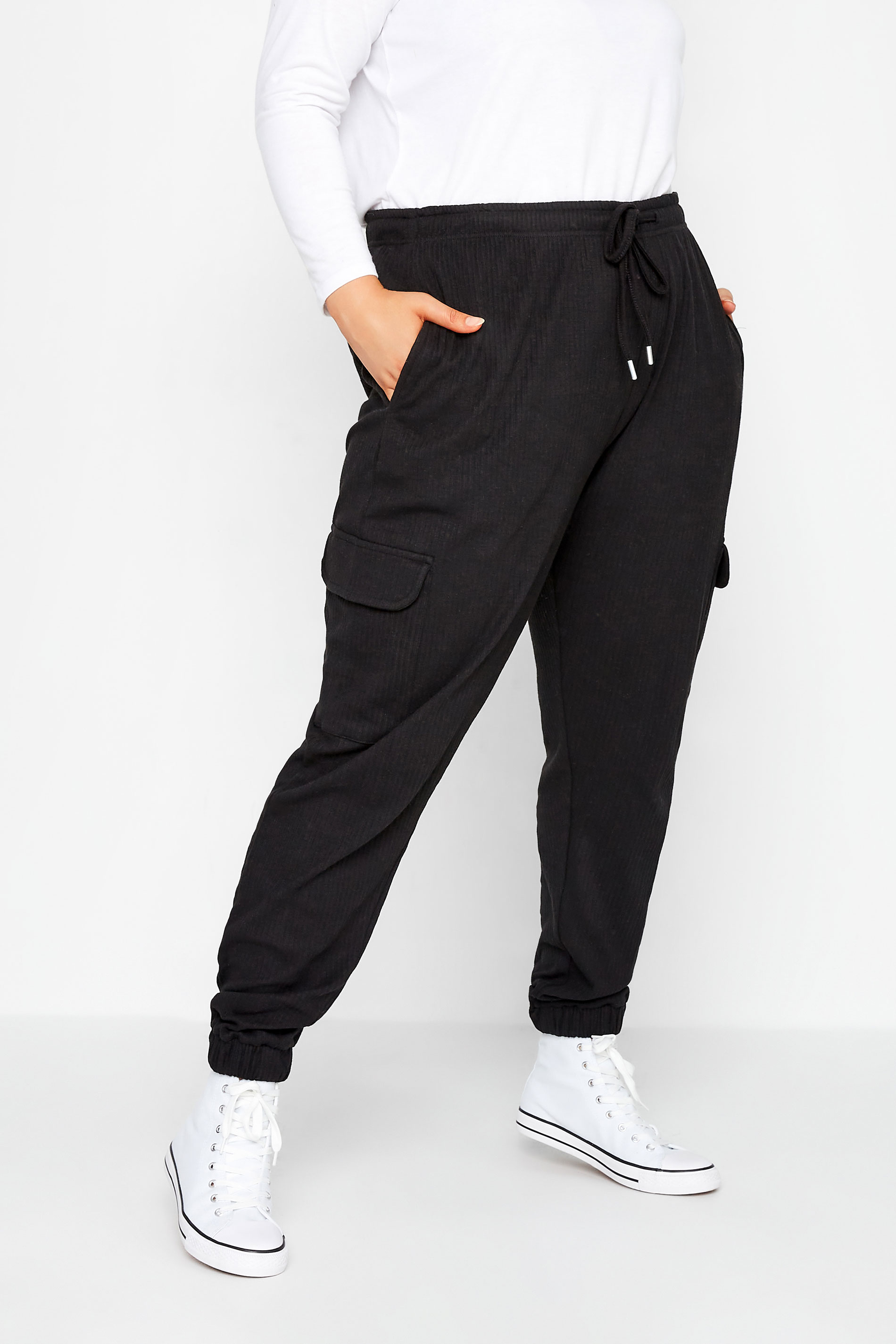 Plus Size Black Ribbed Stretch Cargo Joggers | Yours Clothing 1