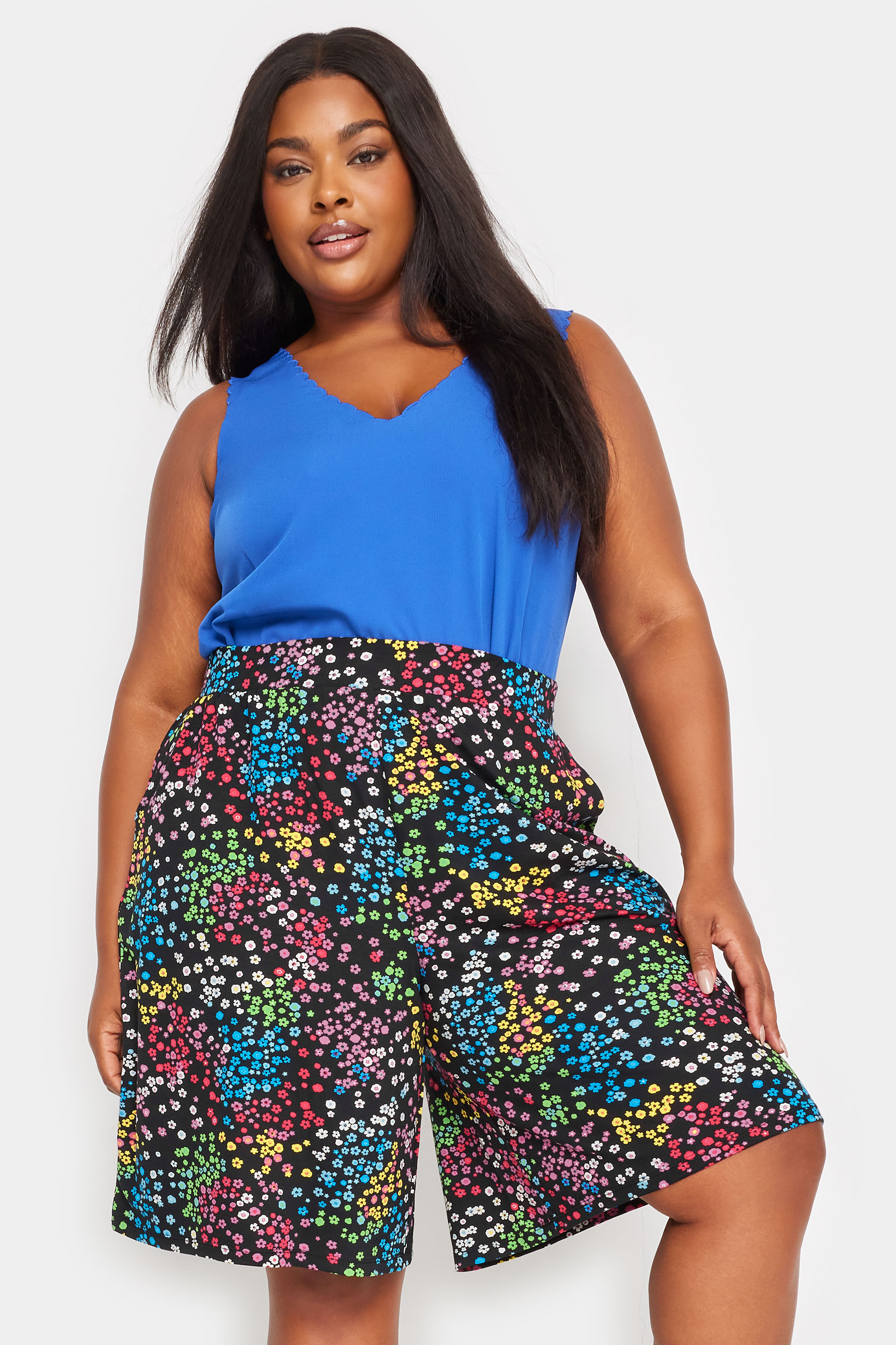 YOURS Plus Size Black Rainbow Ditsy Floral Print Jersey Shorts | Yours Clothing 2