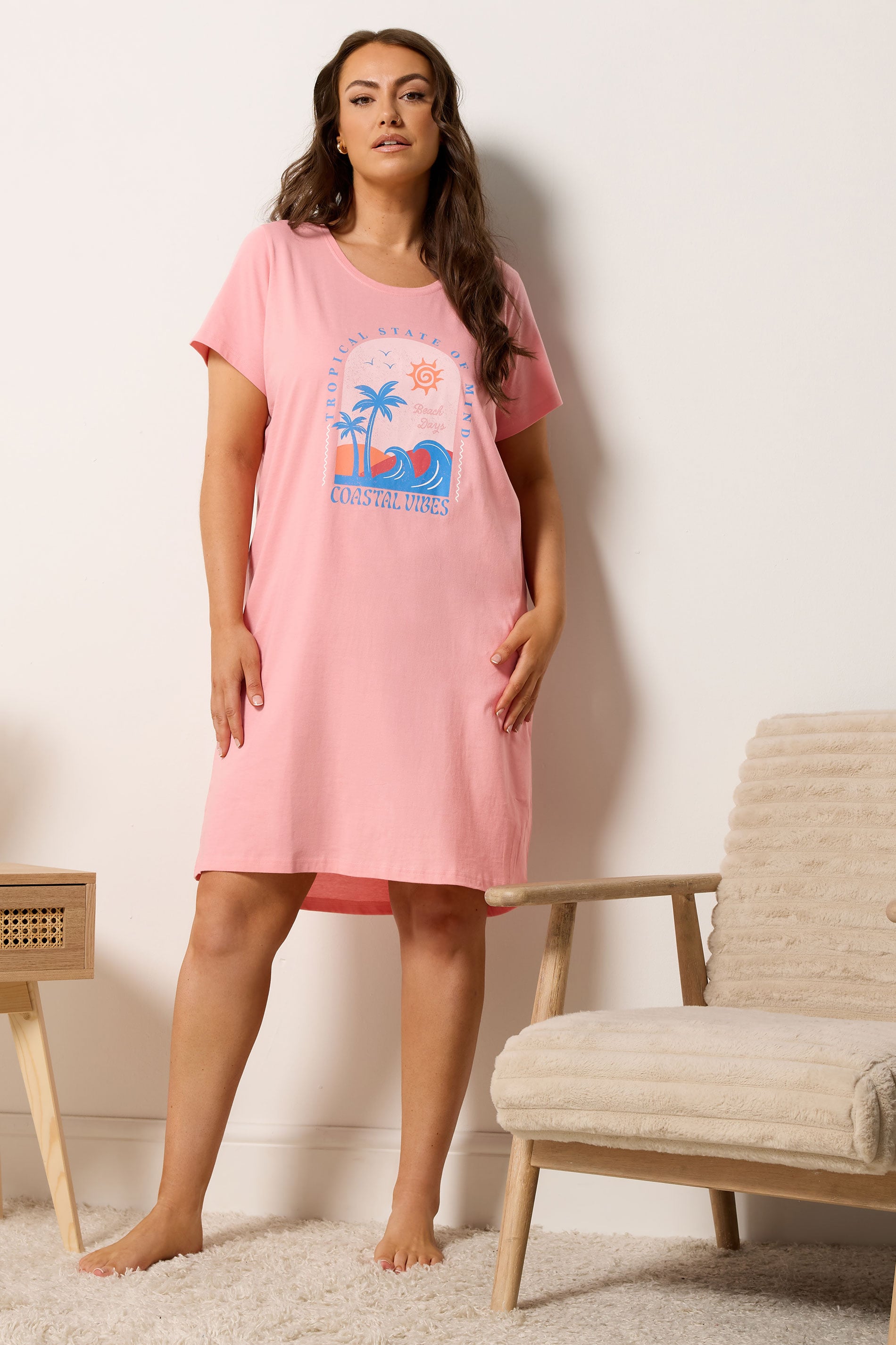 YOURS Plus Size Pink 'Coastal Vibes' Dipped Back Nightdress | Yours Clothing 1