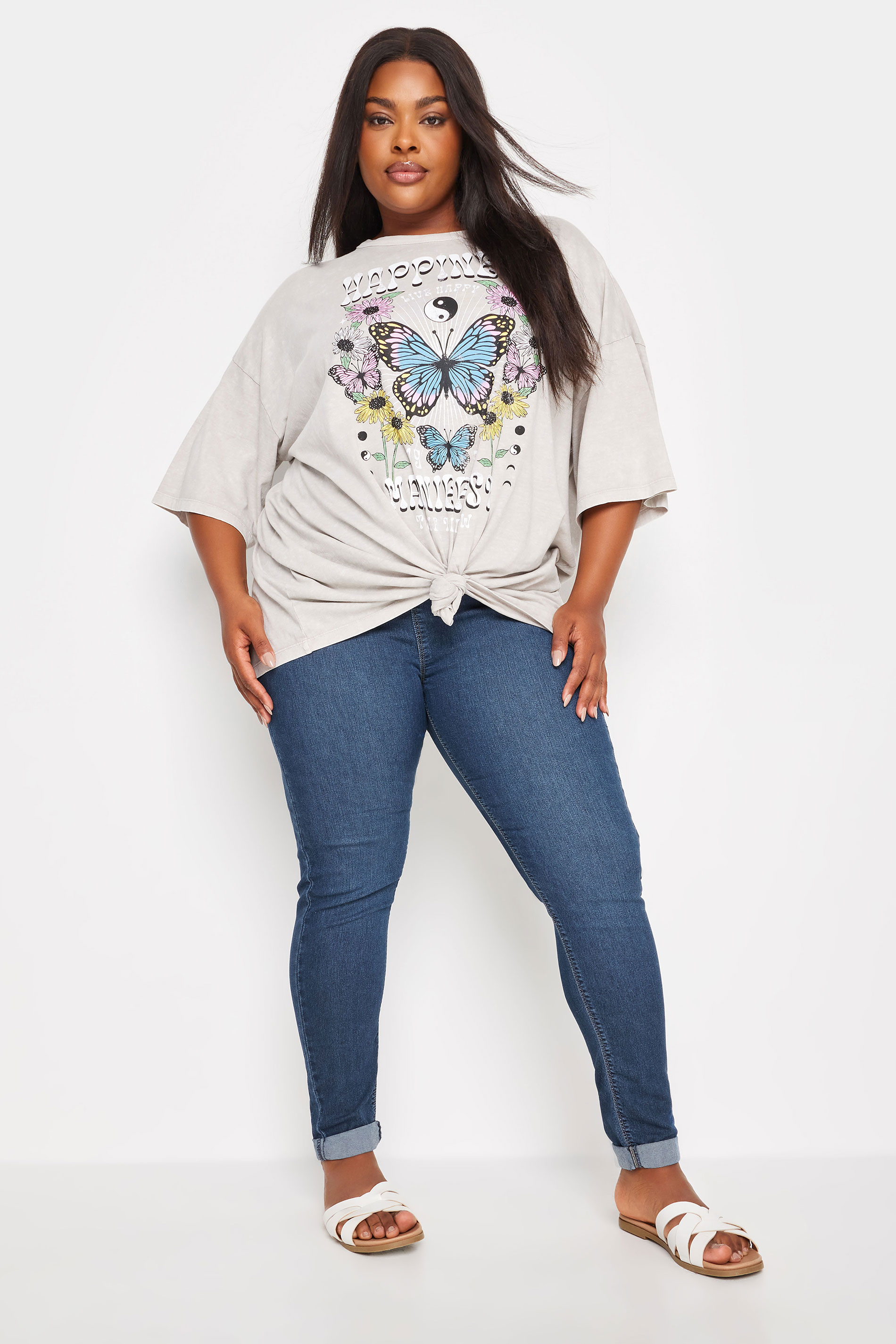 YOURS Plus Size Mid Wash Blue Turn Up GRACE Jeggings | Yours Clothing 2