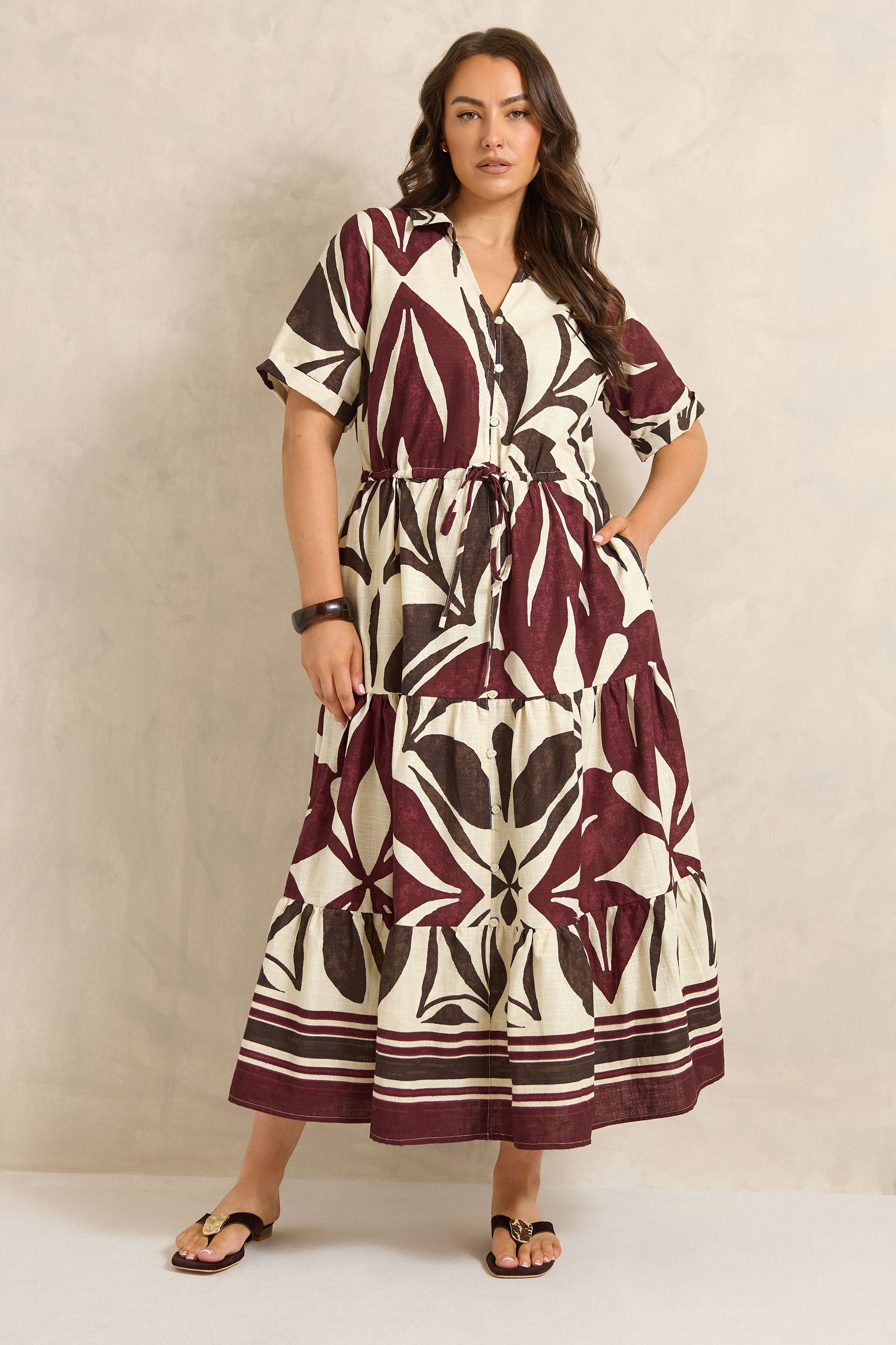 EVANS Plus Size Cream & Red Abstract Leaf Print Cotton Dress | Evans  3