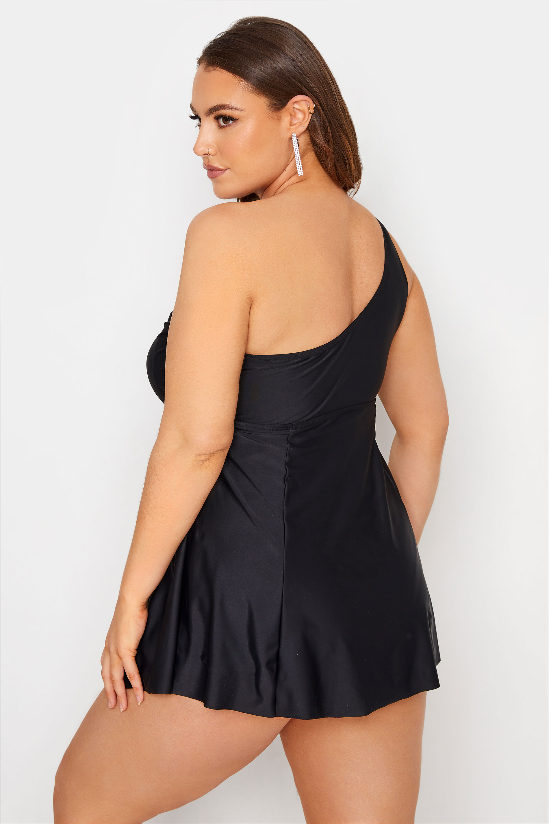 Plus Size Black One Shoulder Belted Tummy Control Swim Dress | Yours Clothing 3