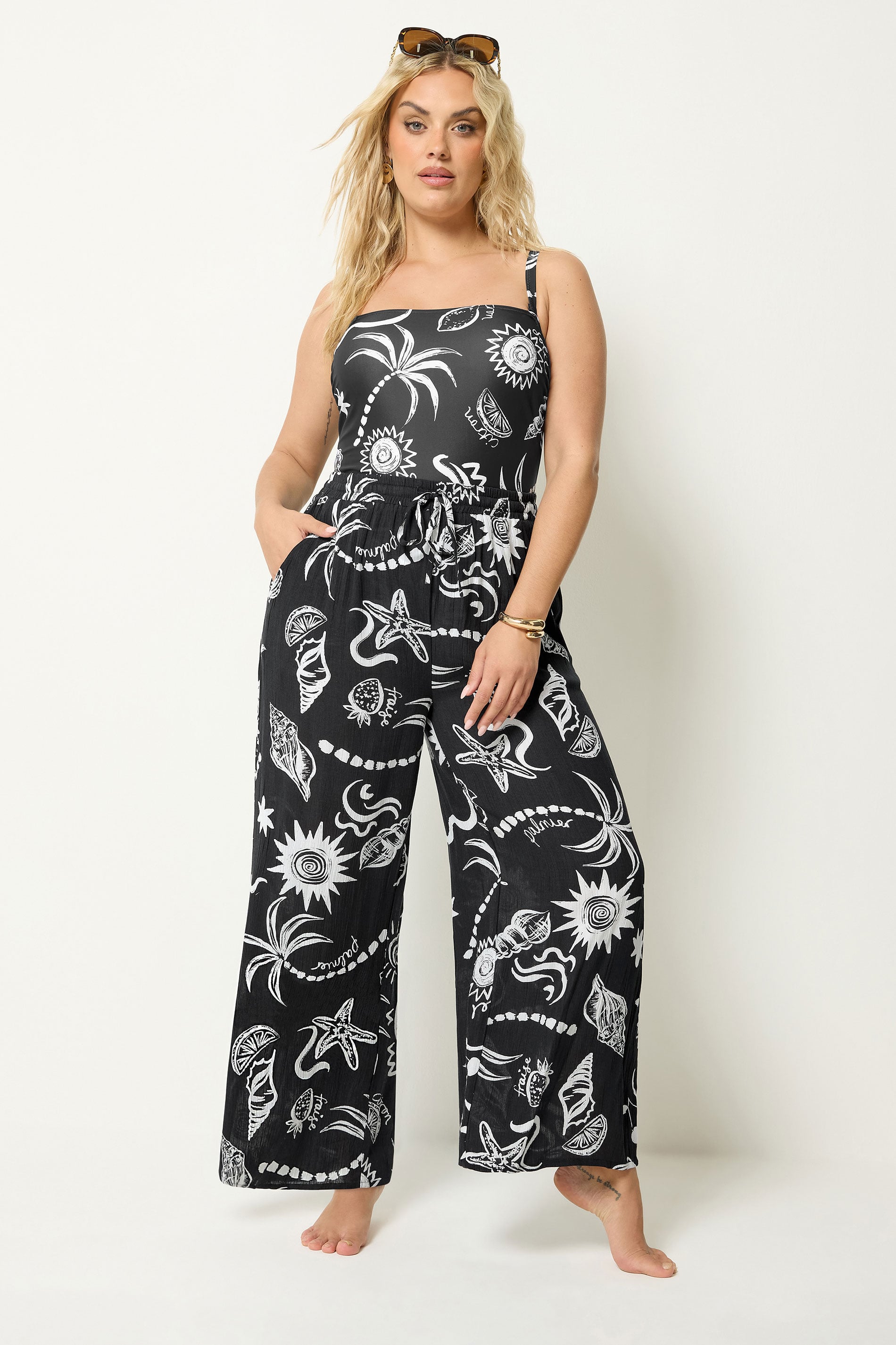 YOURS Plus Size Black Summer Print Crinkle Beachwear Wide Leg Trousers | Yours Clothing 3