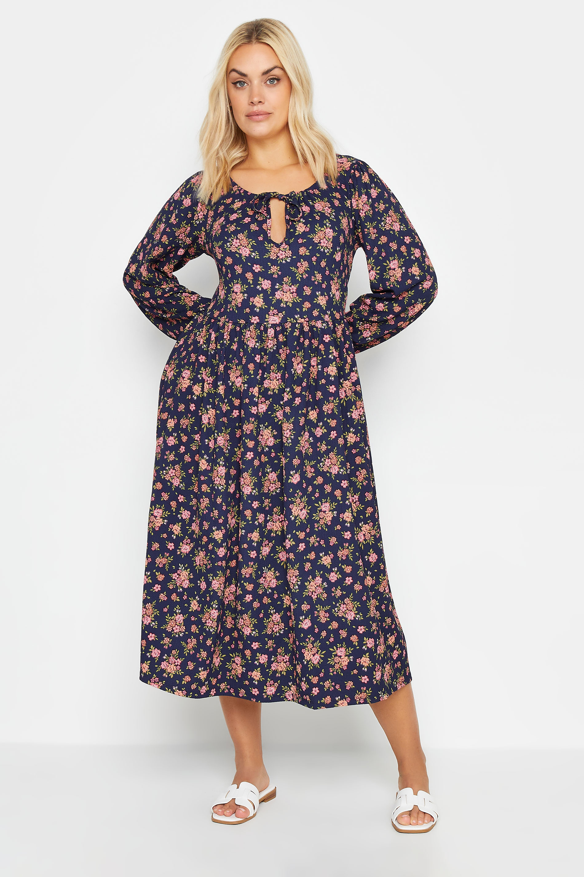 YOURS Plus Size Navy Blue Floral Print Textured Midaxi Dress | Yours Clothing 1