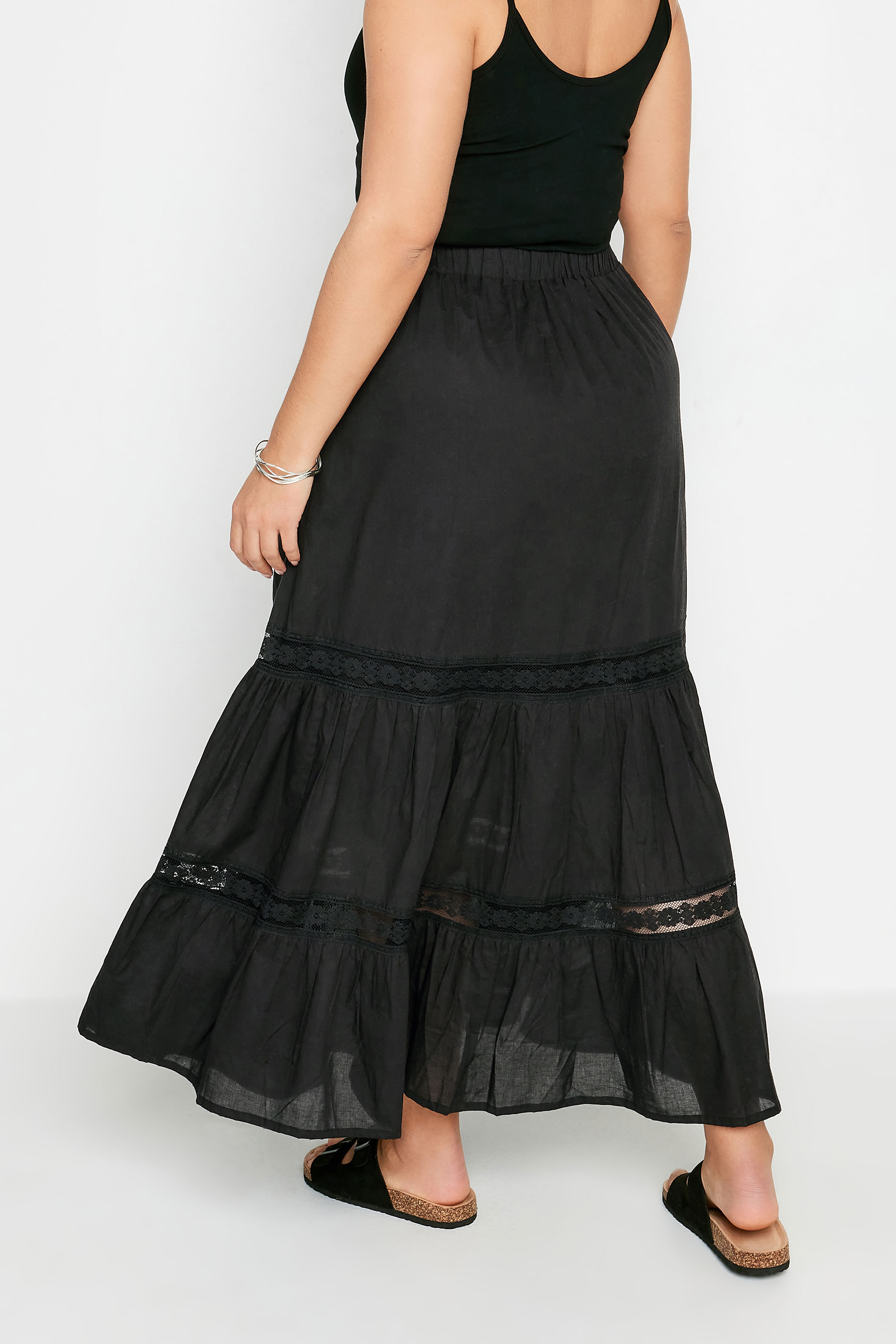 YOURS Plus Size Black Tiered Lace Cotton Maxi Skirt | Yours Clothing 3