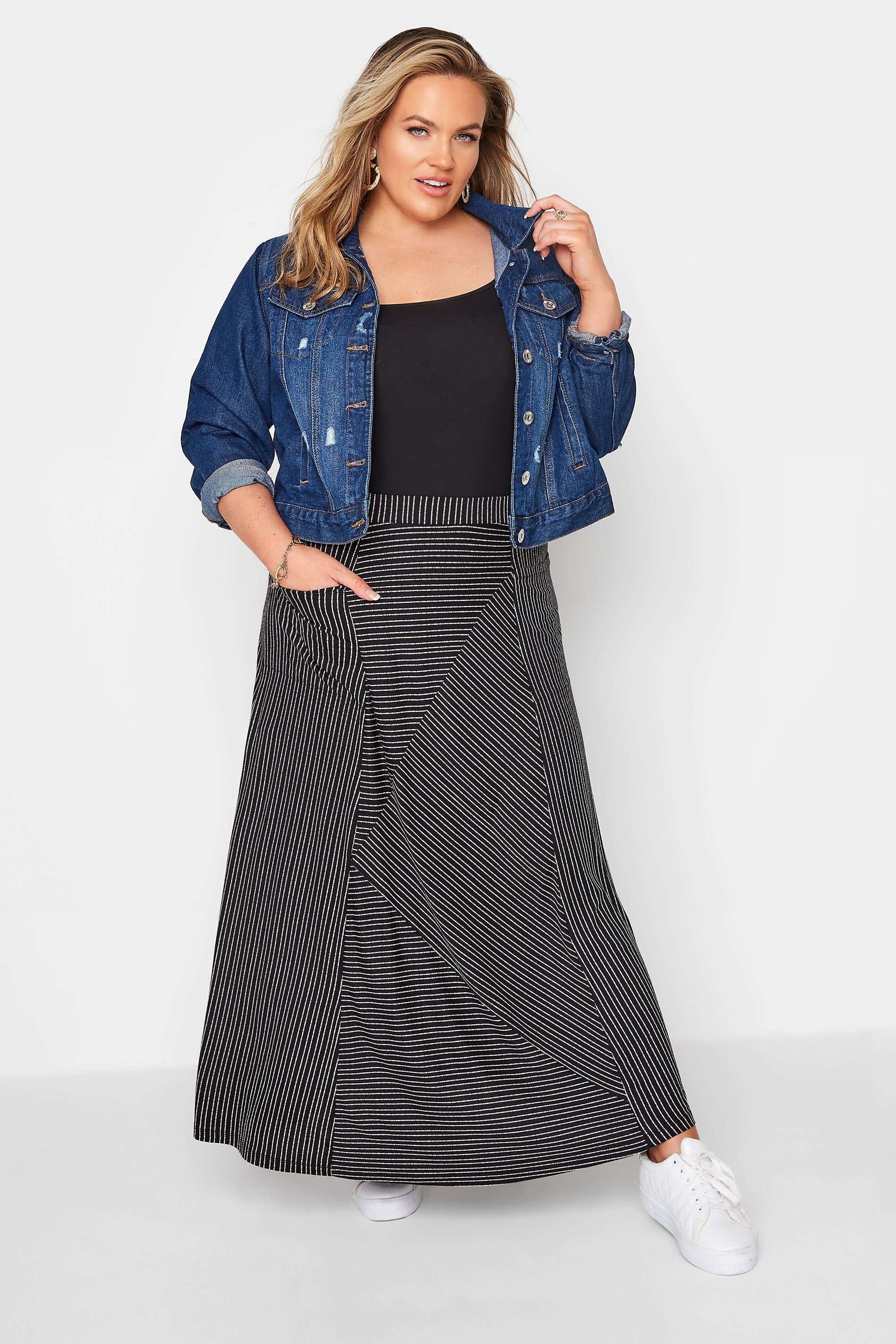 Plus Size Black Asymmetric Striped Pocket Skirt | Yours Clothing 1