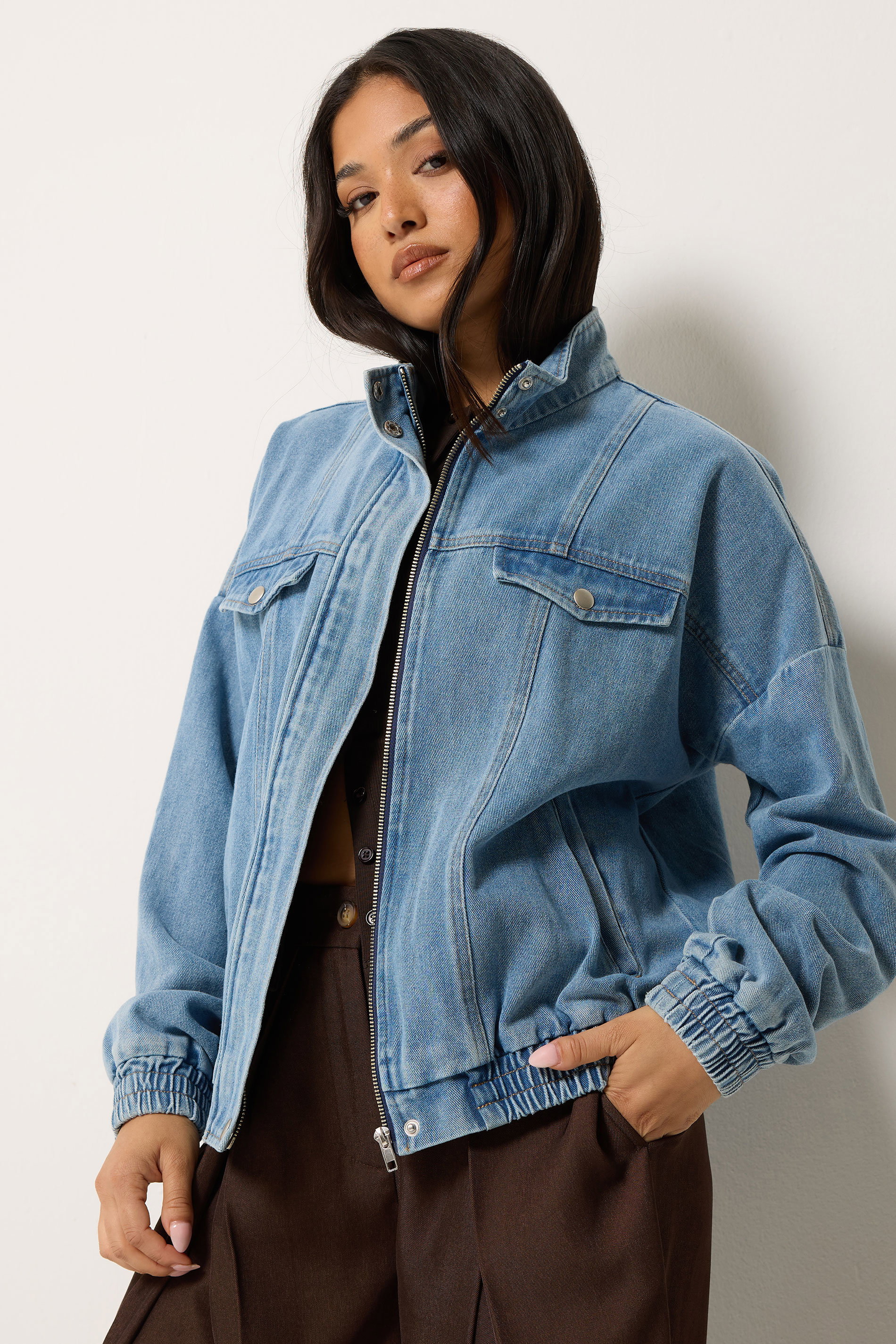 PixieGirl Petite Women's Mid Blue Funnel Neck Denim Trucker Jacket | PixieGirl 3