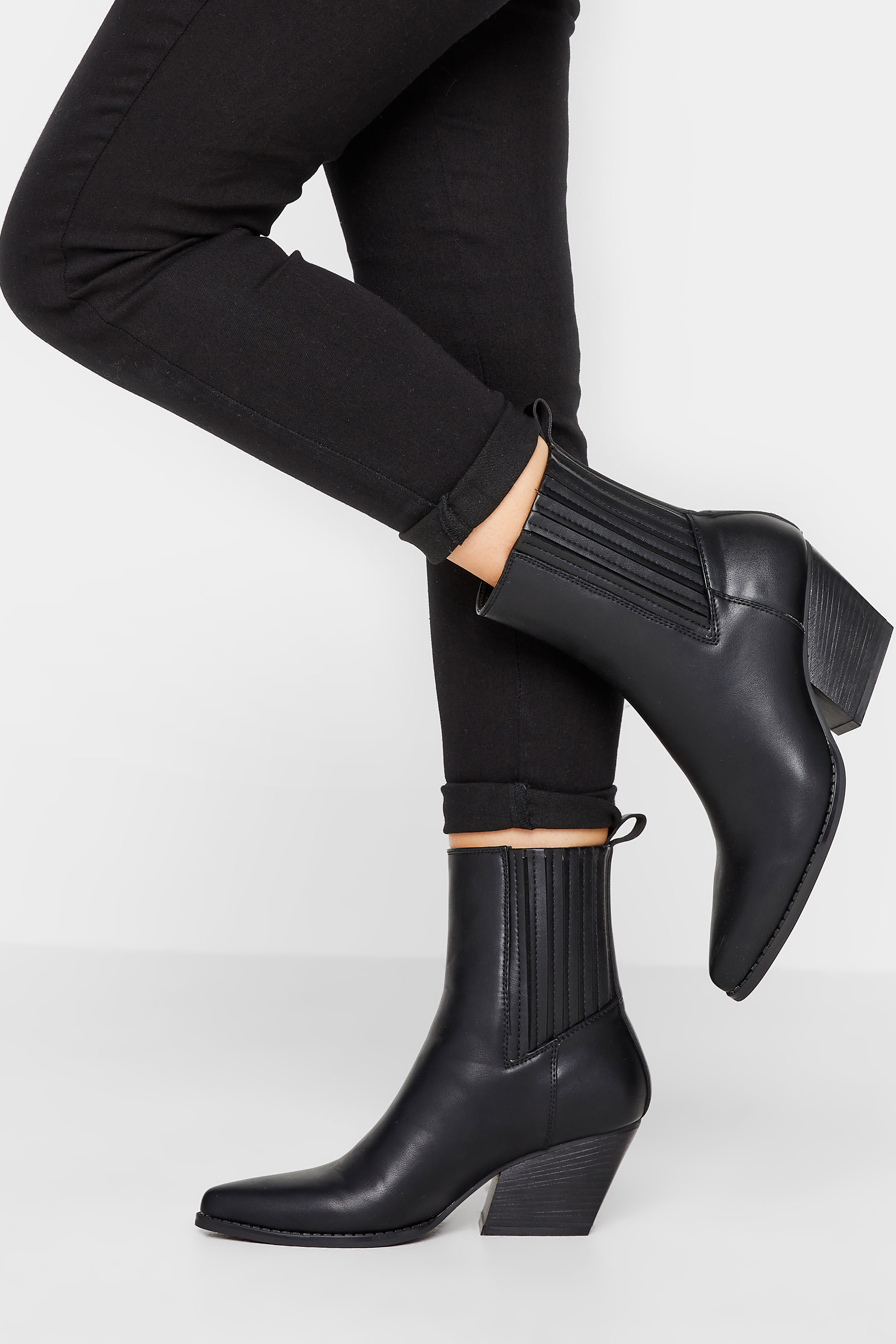 PixieGirl Black Faux Leather Ankle Cowboy Boots In Standard Fit | PixieGirl 1