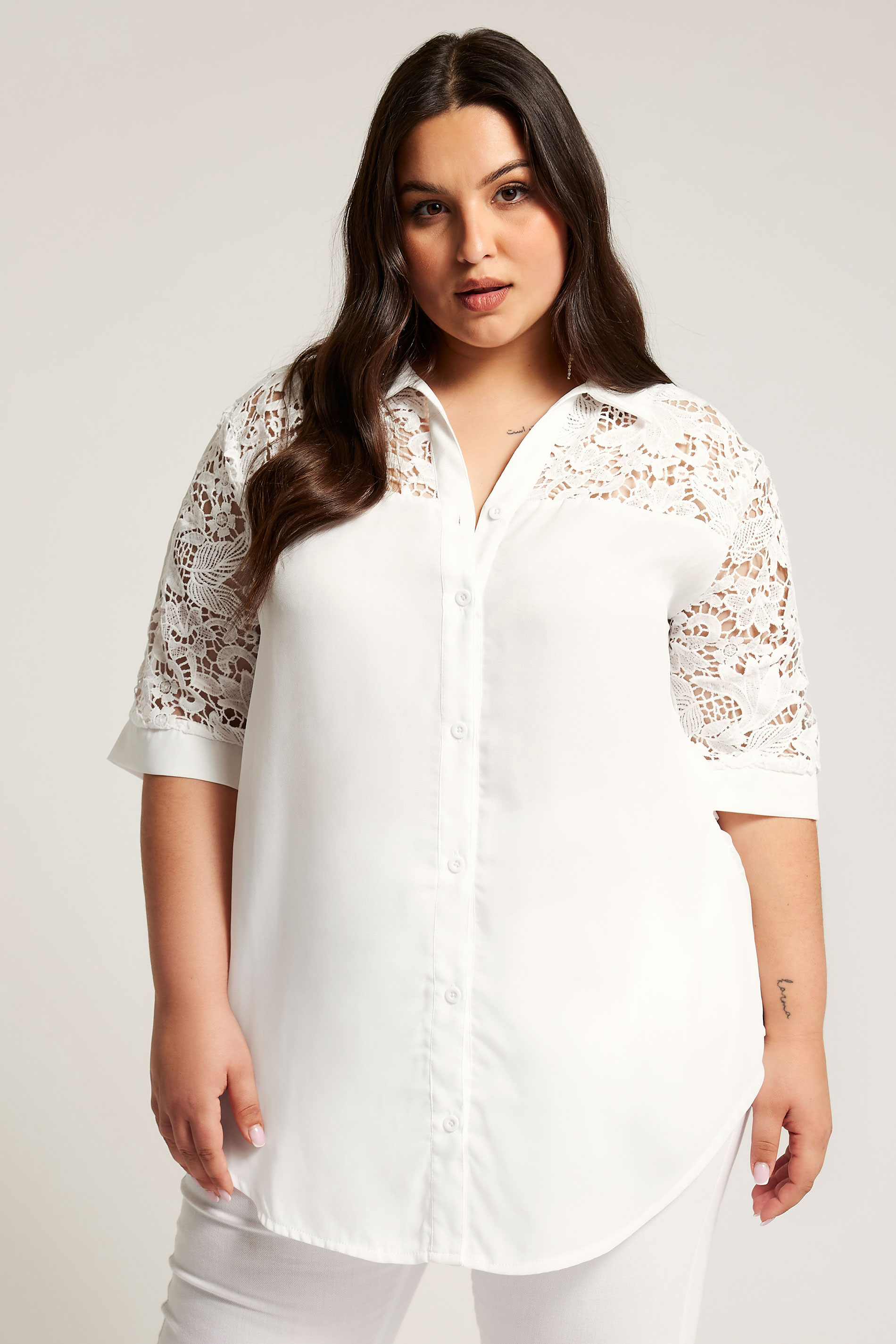 YOURS LONDON Plus Size White Lace Sleeve Shirt | Yours Clothing 1