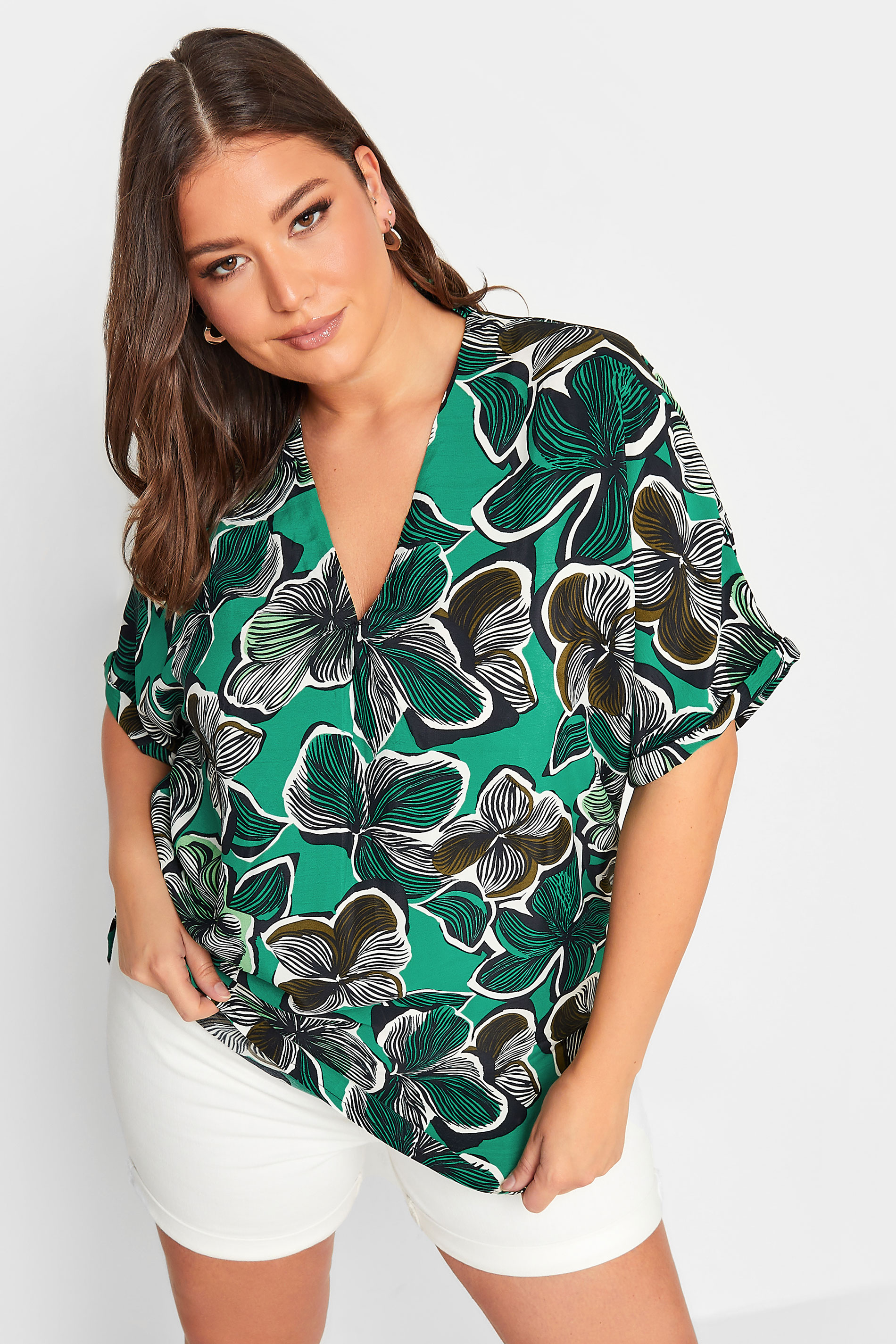YOURS Curve Green Floral Print Shirt | Yours Clothing 1
