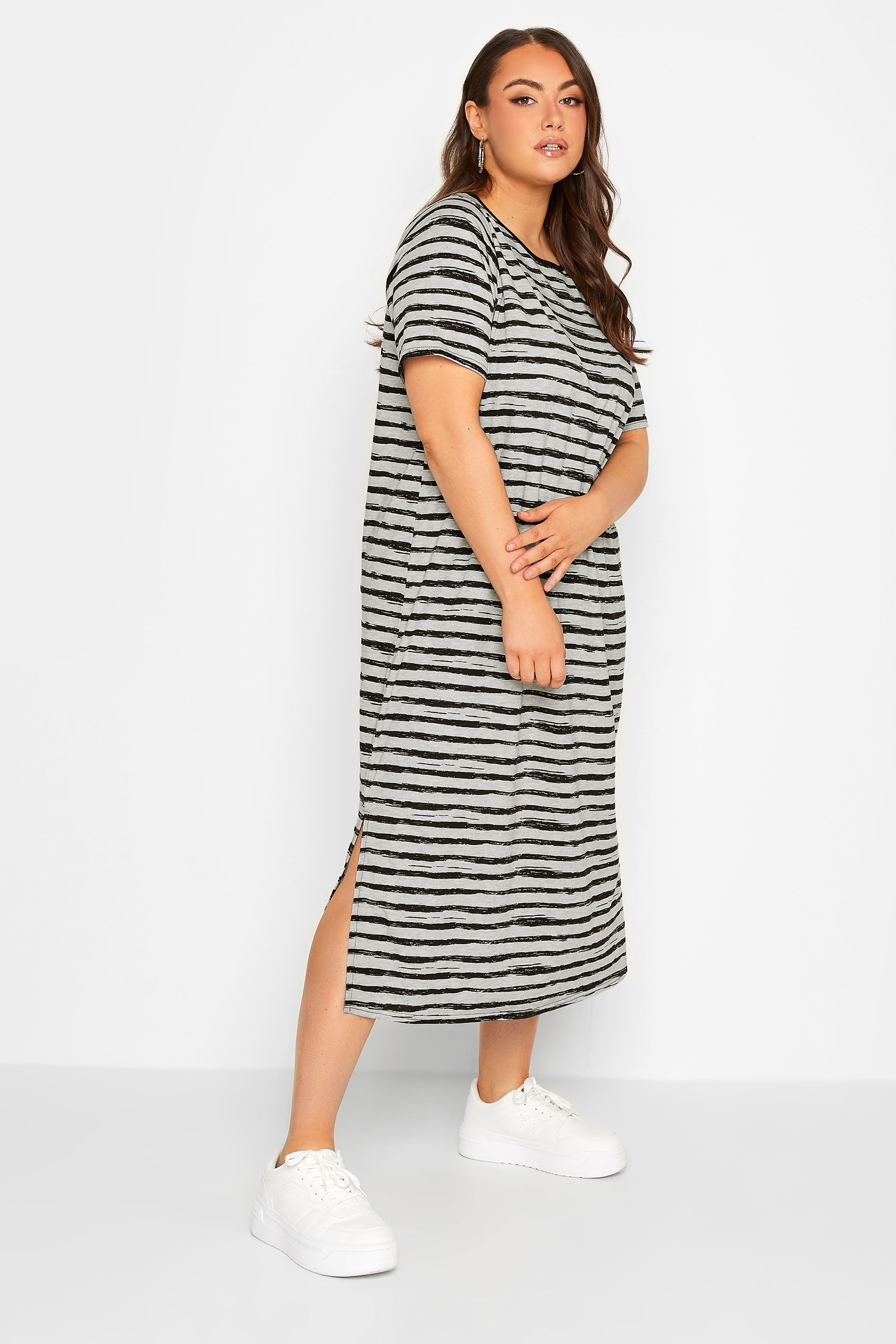 YOURS Plus Size Grey Stripe Print Maxi T-Shirt Dress | Yours Clothing