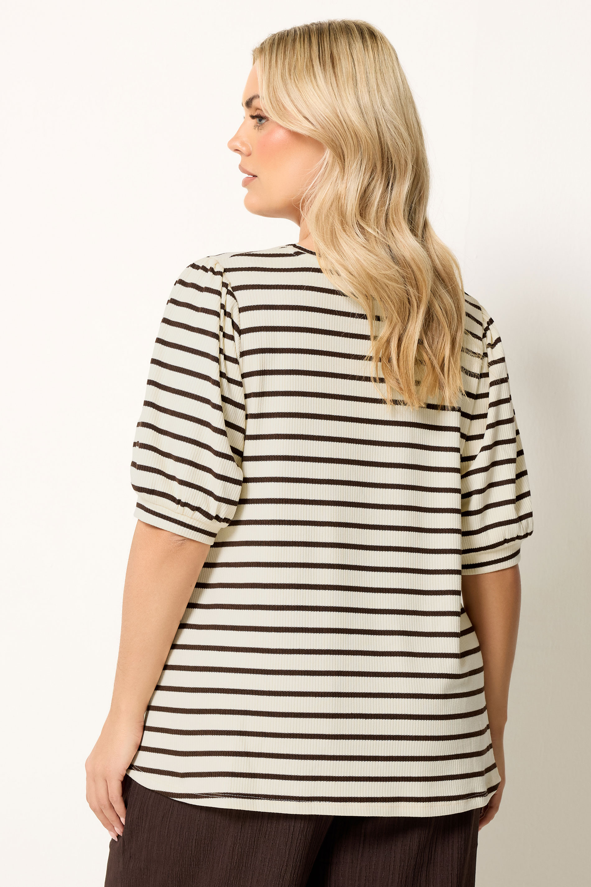 YOURS Plus Size White & Brown Stripe Knitted Puff Sleeve Top | Yours Clothing 2