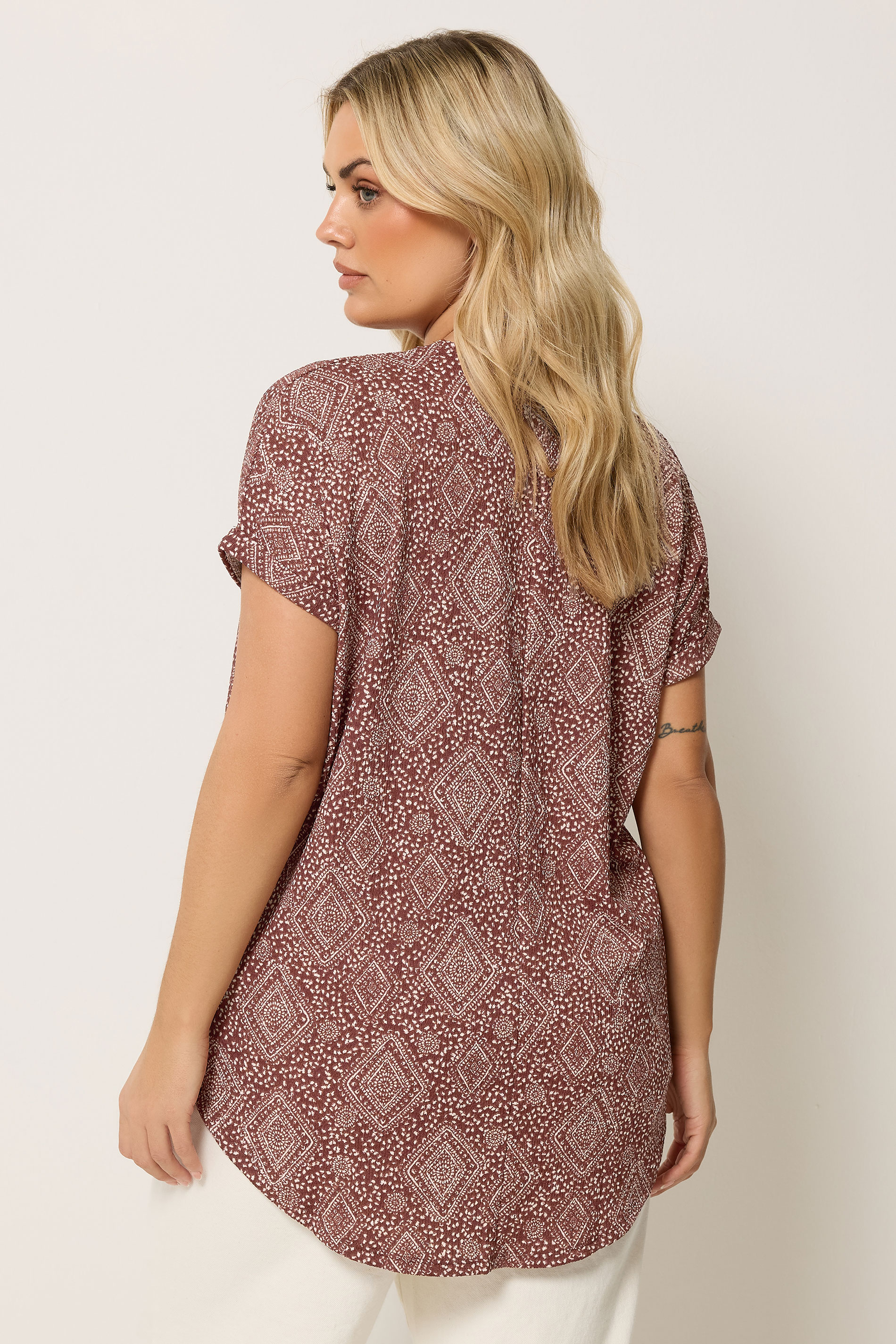 YOURS Plus Size Burnt Orange Diamond Print Notch Neck Top | Yours Clothing 2
