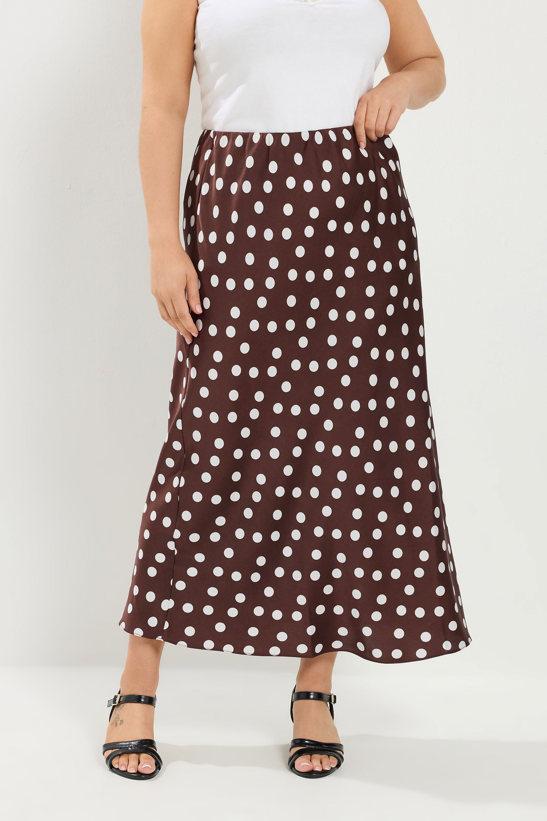 YOURS Plus Size Chocolate Brown Polka Dot Satin Skirt | Yours Clothing 3
