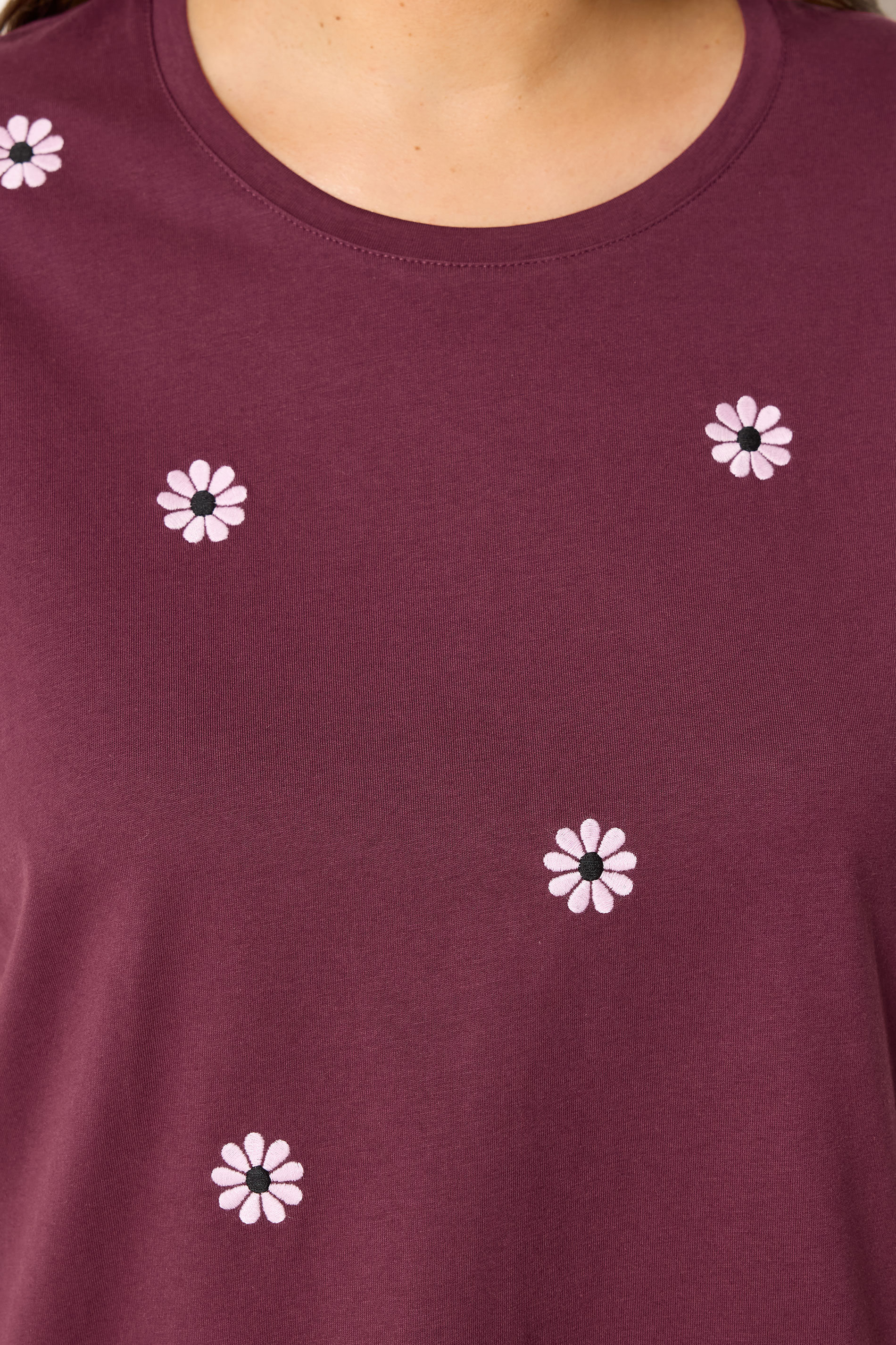 YOURS Plus Size Burgundy Red Embroidered Daisy T-Shirt | yours Clothing 4