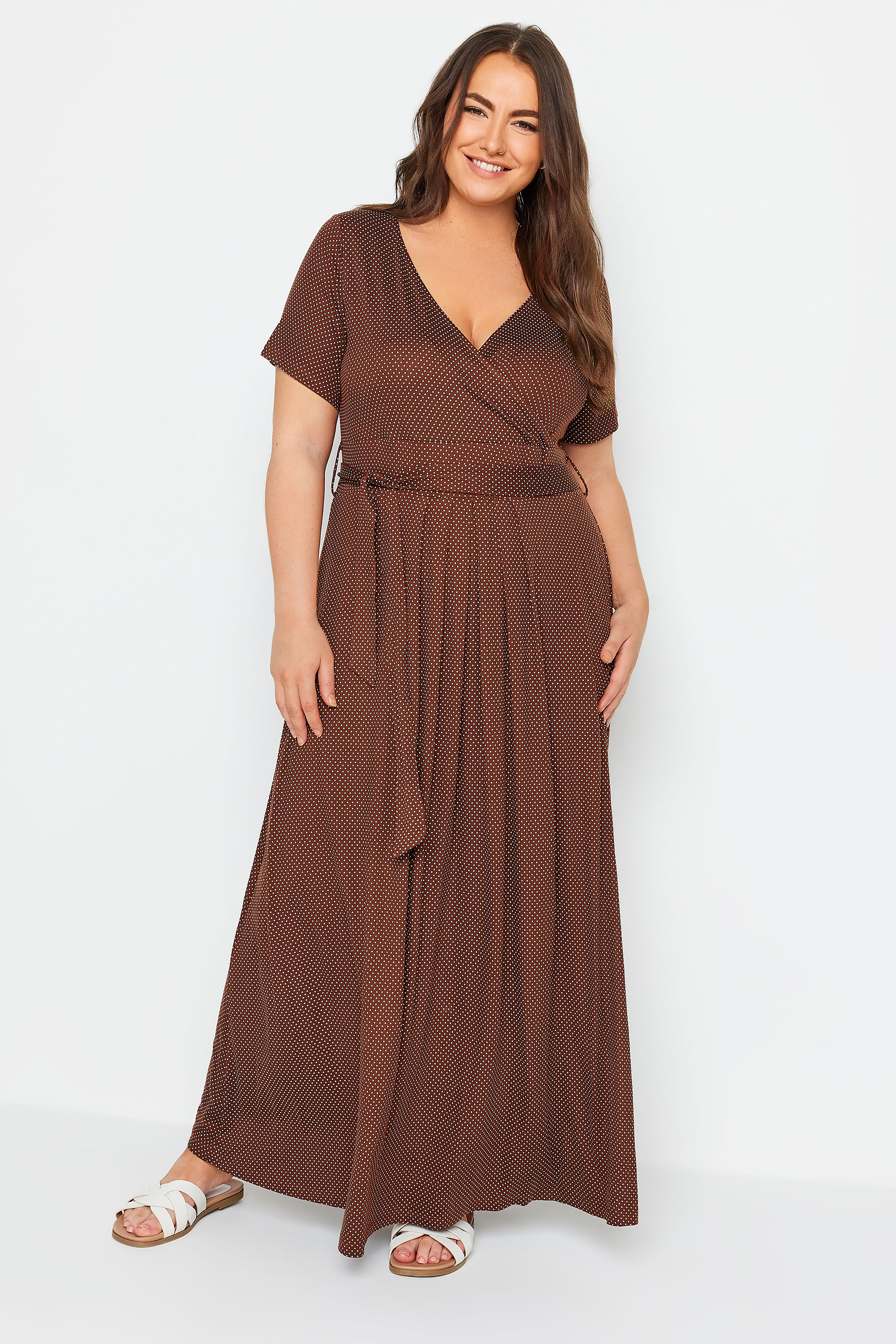 YOURS Plus Size Brown Dot Print Maxi Wrap Dress | Yours Clothing 2