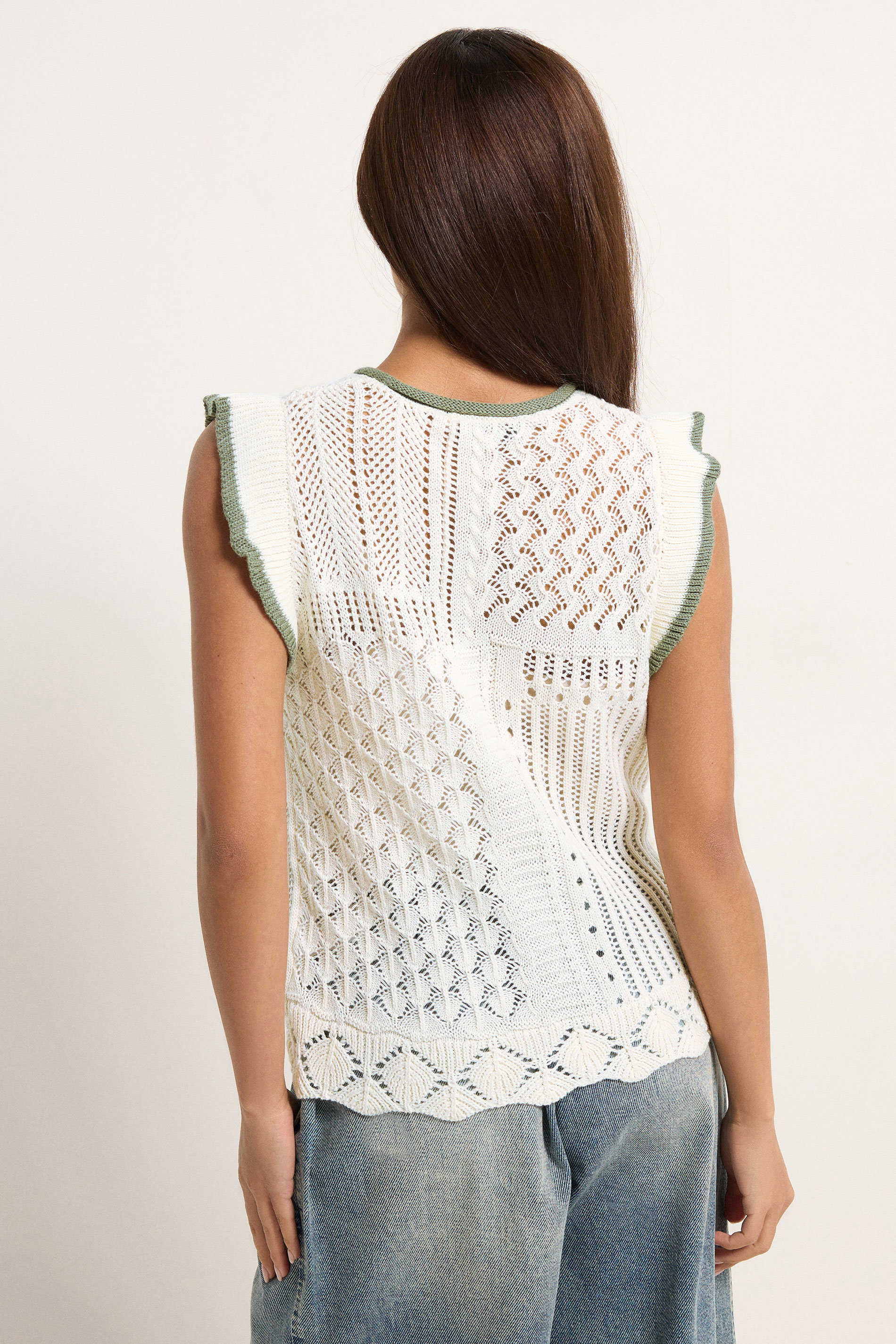 PixieGirl Petite Women's Ivory White & Sage Green Crochet Vest Top | PixieGirl 2
