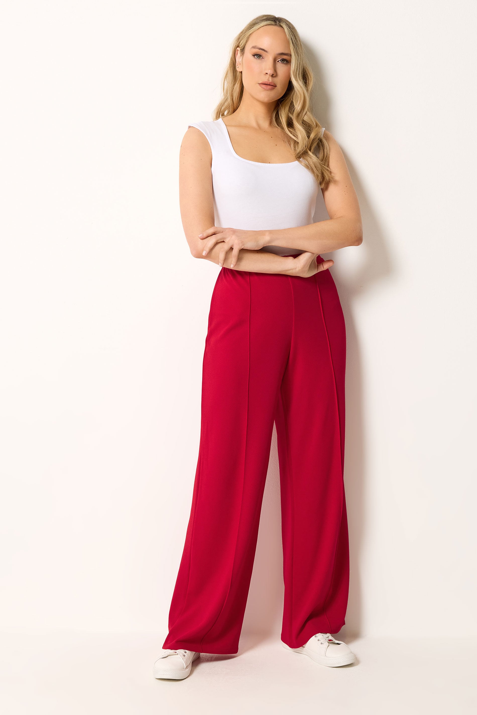 LTS Tall Women's Bright Red Textured Pleated Wide Leg Trousers | Long Tall Sally 3