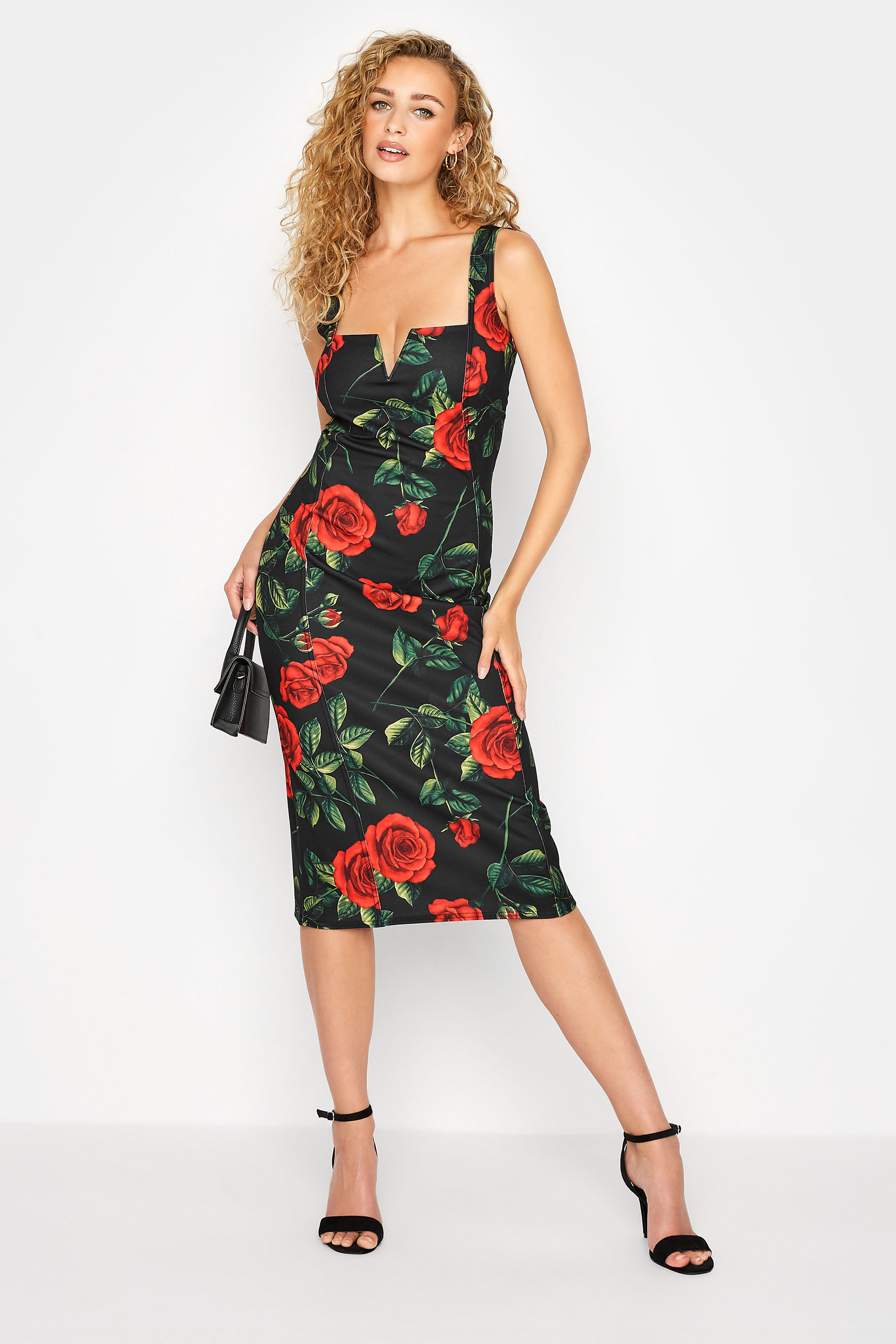 LTS Tall Black Rose Print Scuba Notch Neck Midi Dress 1