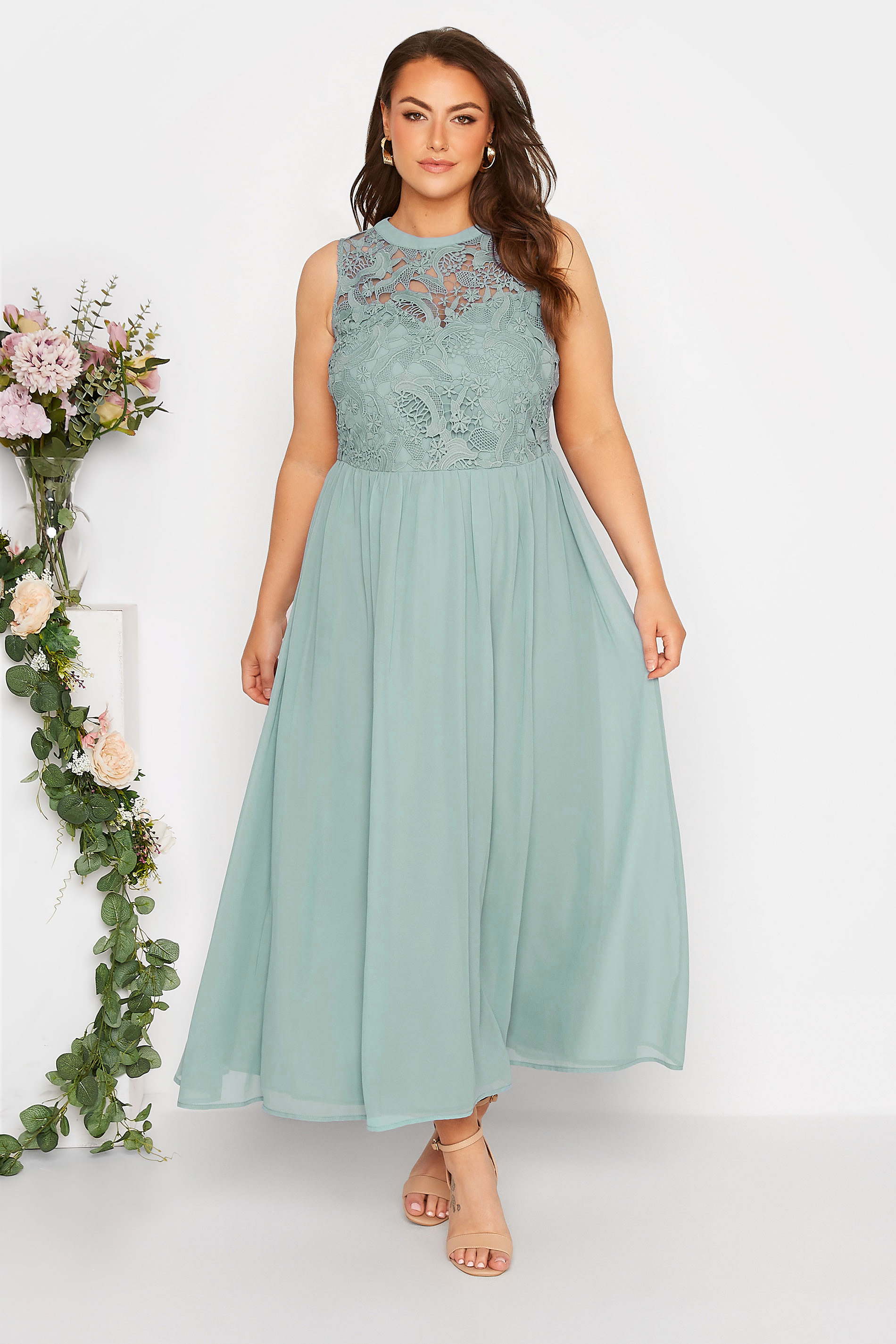 Plus Size YOURS LONDON Curve Ice Blue Lace Front Chiffon Maxi Dress | Yours Clothing  2