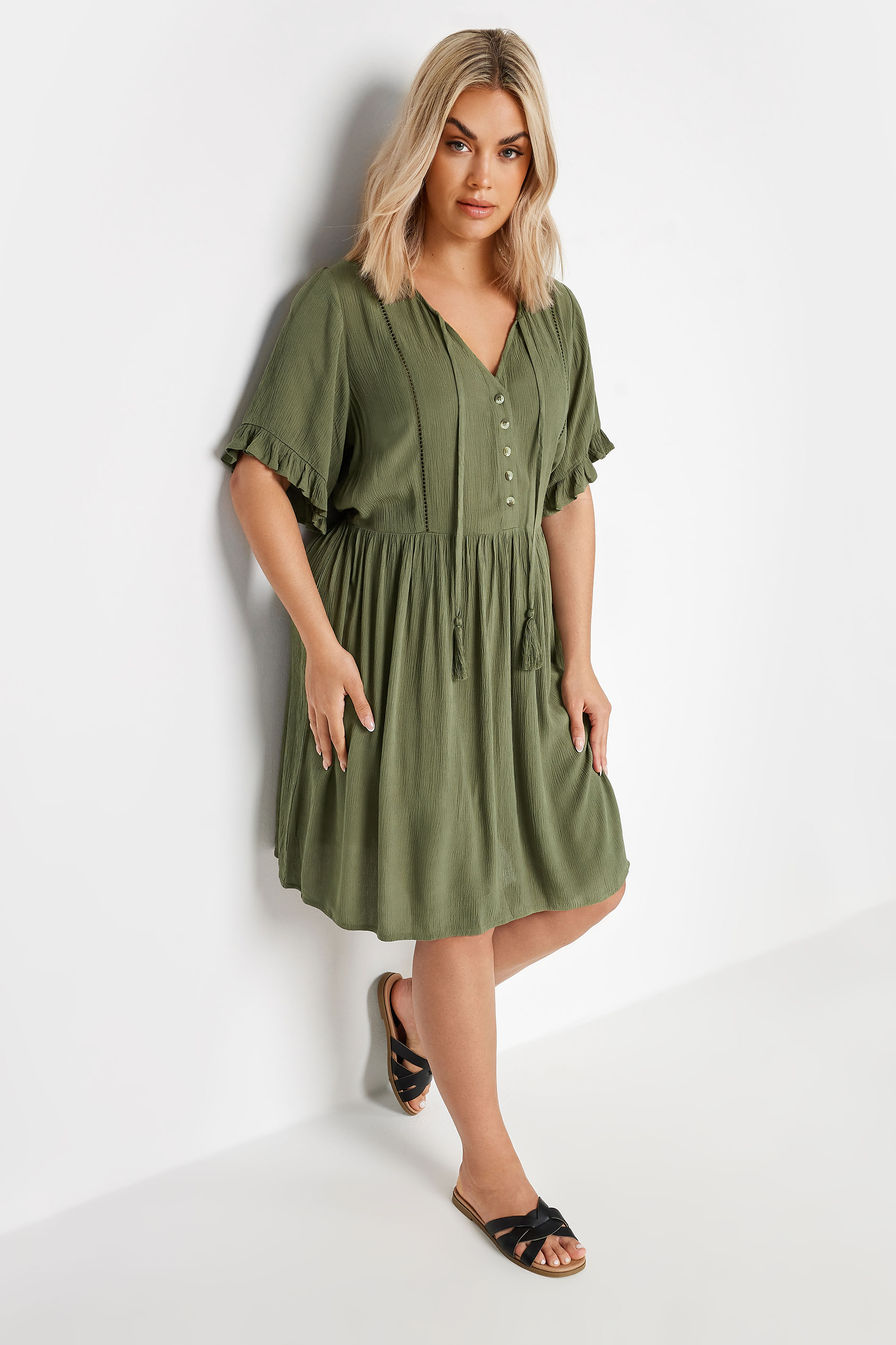 YOURS Plus Size Khaki Green Crinkle Tie Neck Dress | Yours Clothing 2