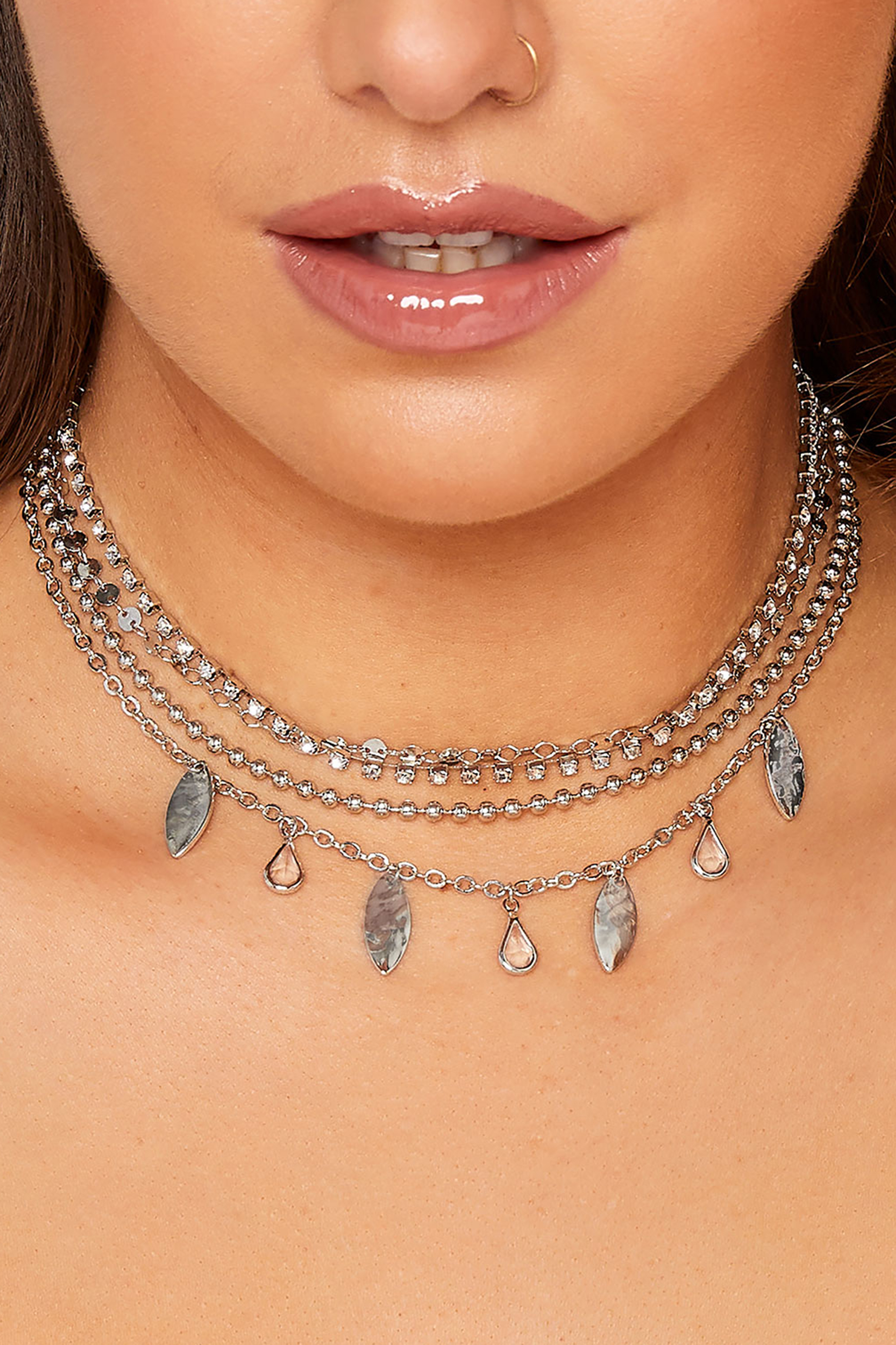 4 PACK Silver Tone Diamante Charm Choker Necklaces | Yours Clothing 1