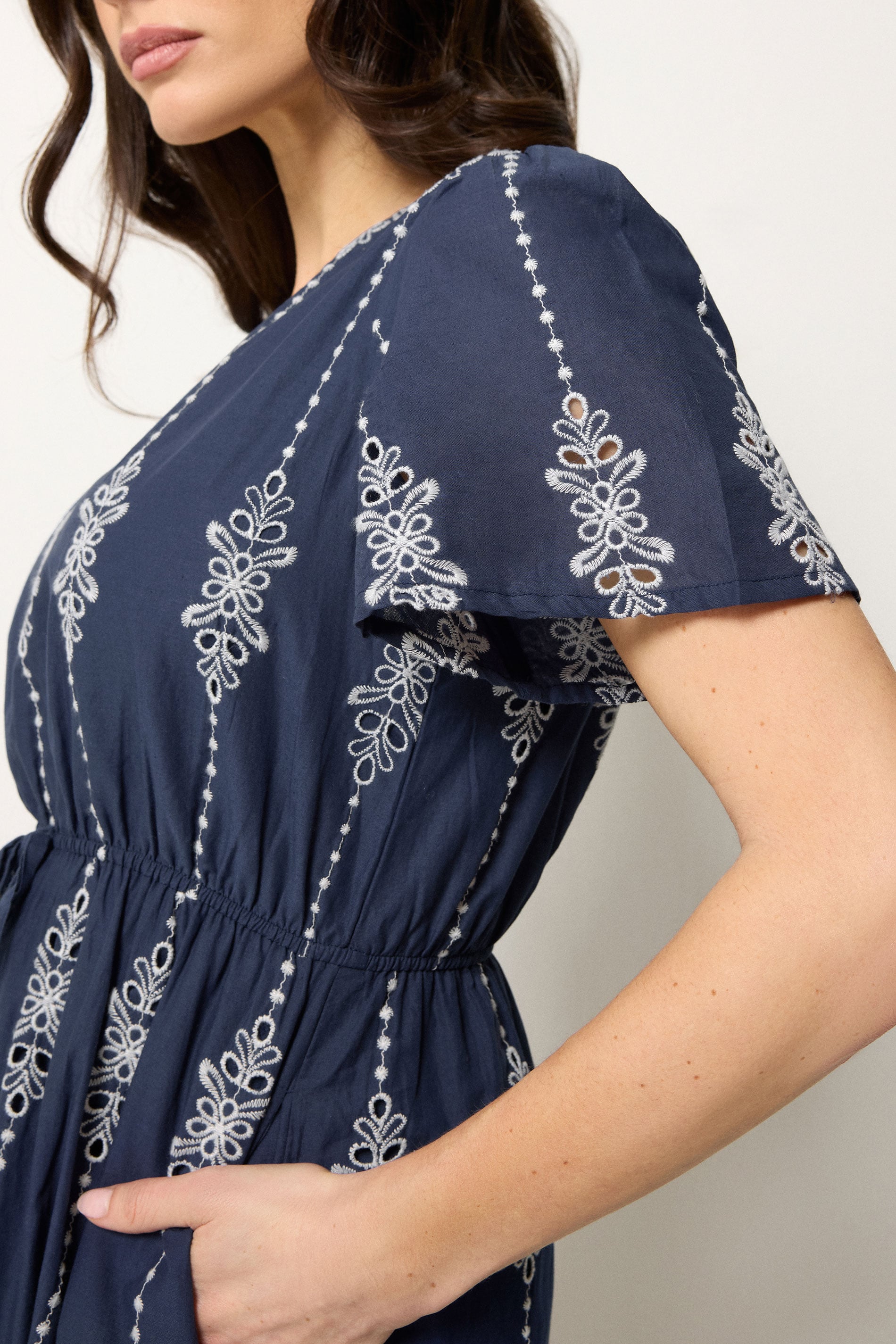 M&Co Navy Blue Broderie Tie Waist Cotton Dress | M&Co 5