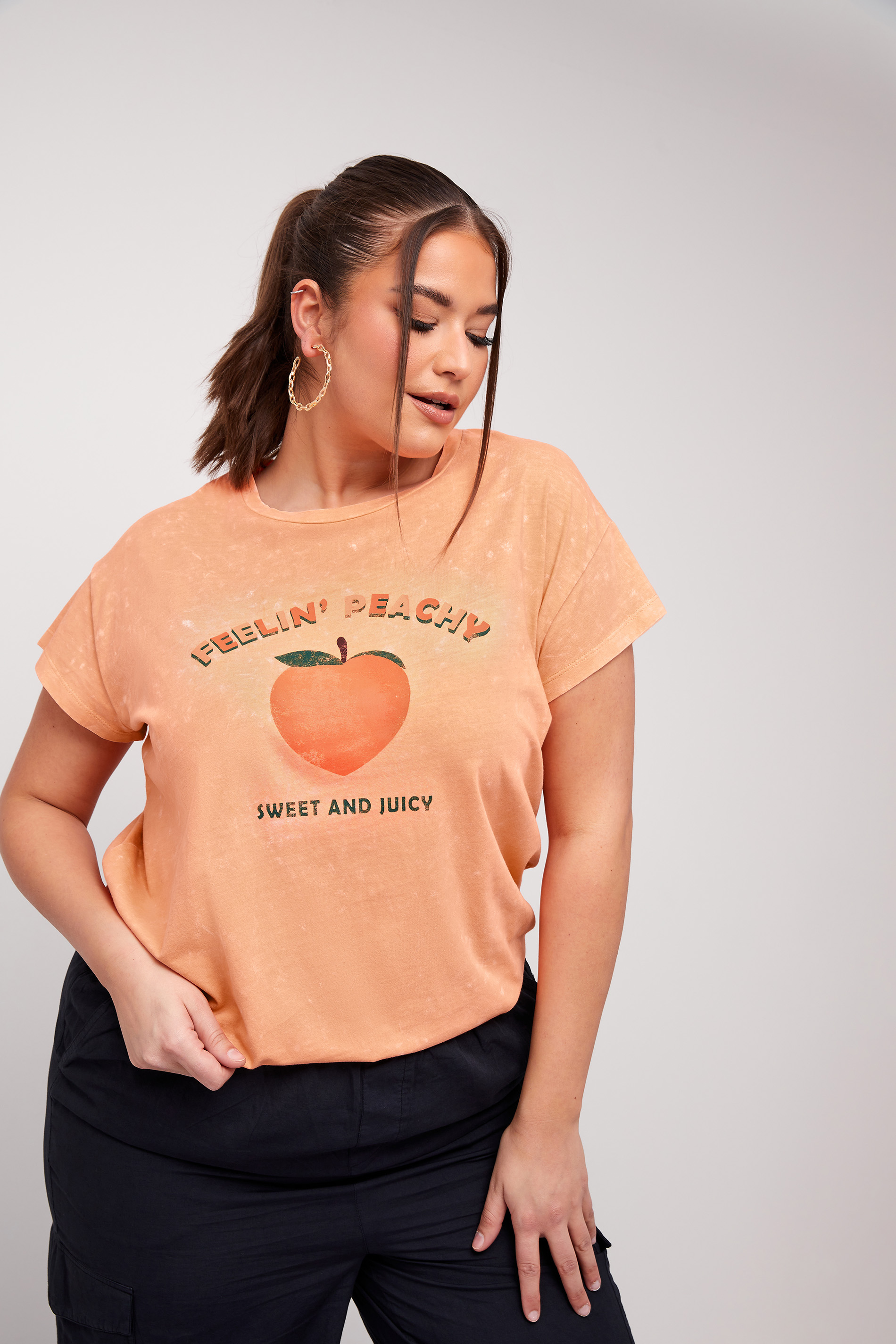 LIMITED COLLECTION Plus Size Orange 'Feelin' Peachy'' Acid Wash T-Shirt | Yours Clothing 1