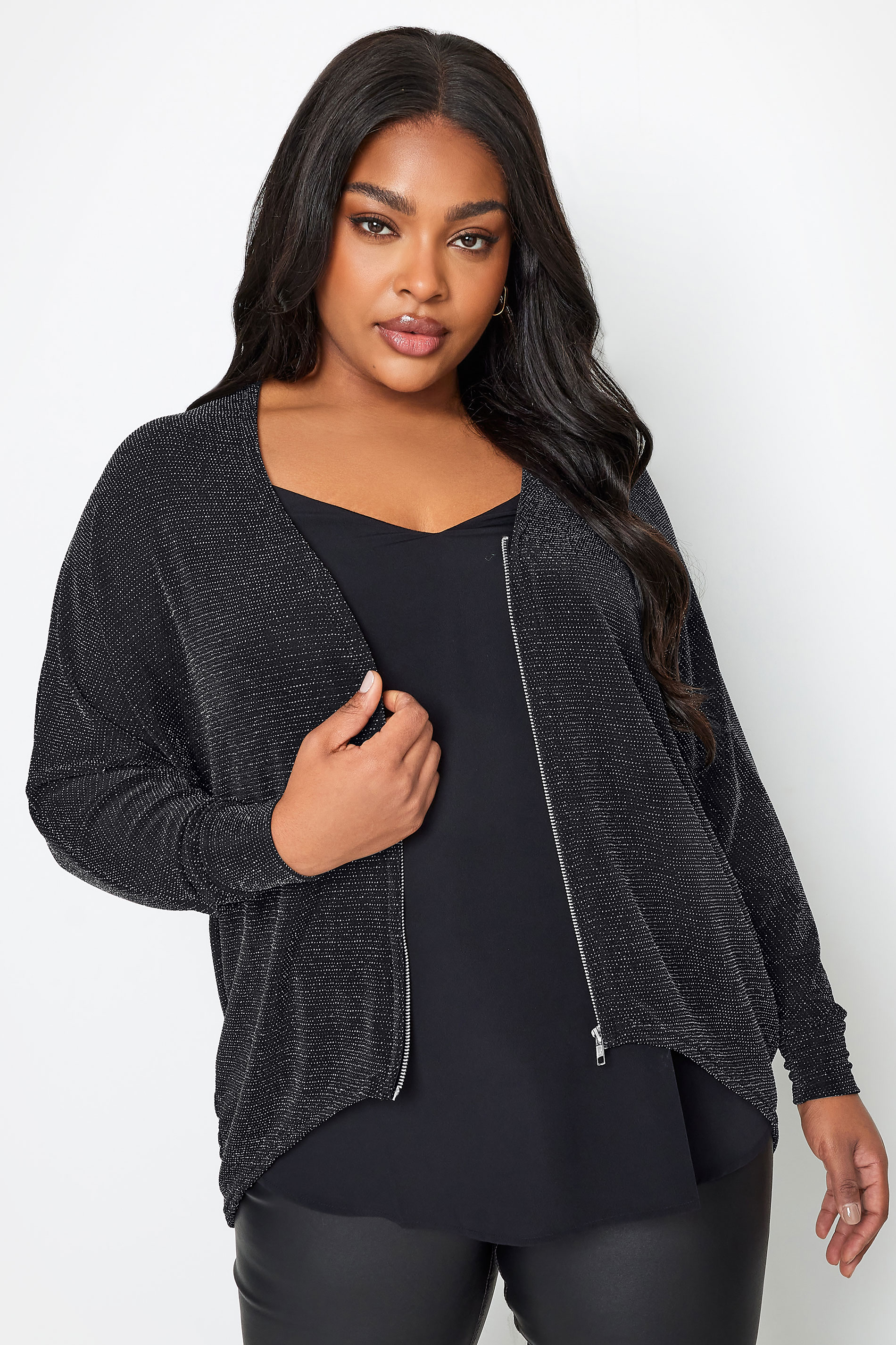 YOURS Plus Size Black Glitter Zip Through Top | Yours Clothing 3