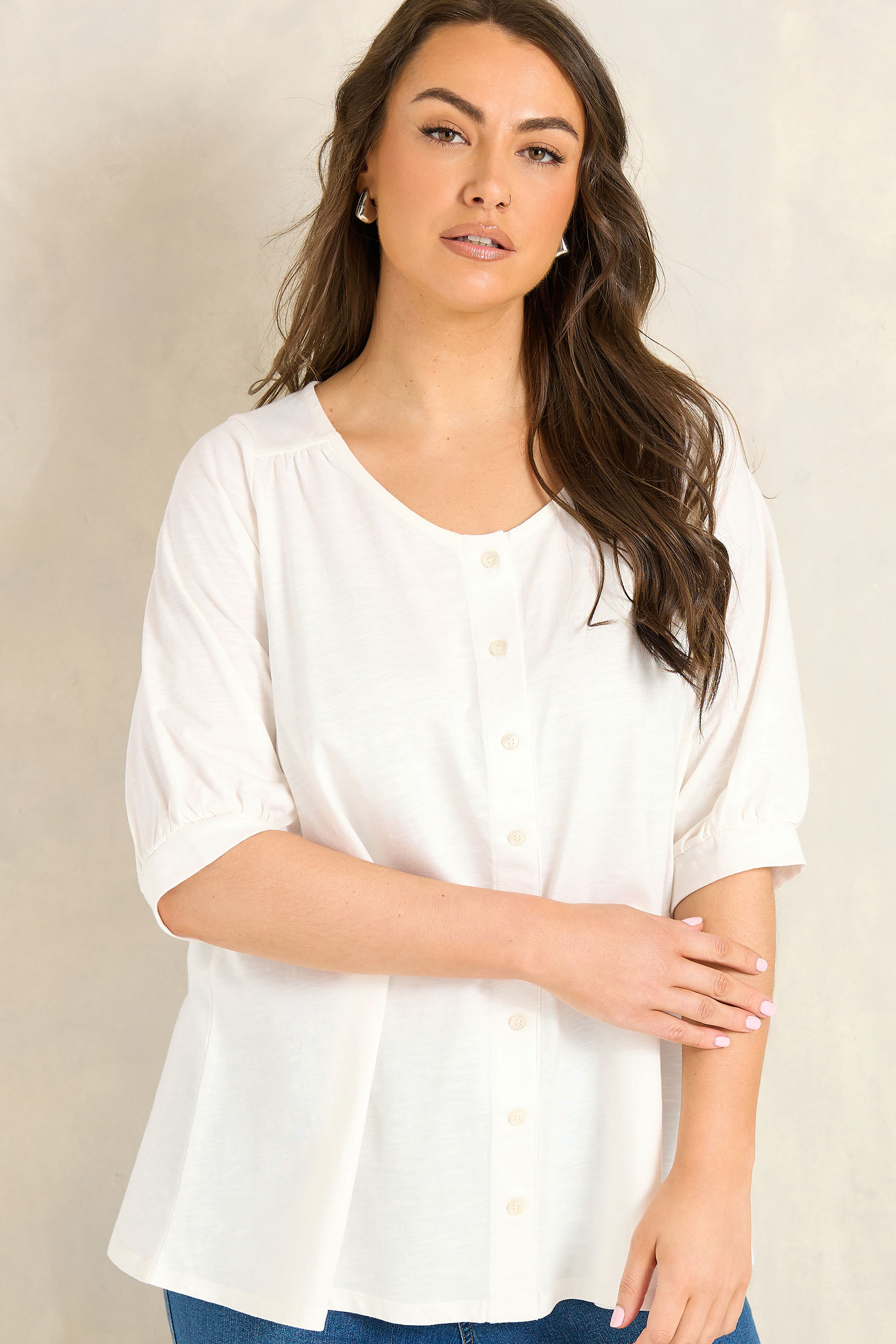 EVANS Plus Size Ivory White Short Sleeve Cotton Top | Evans 3