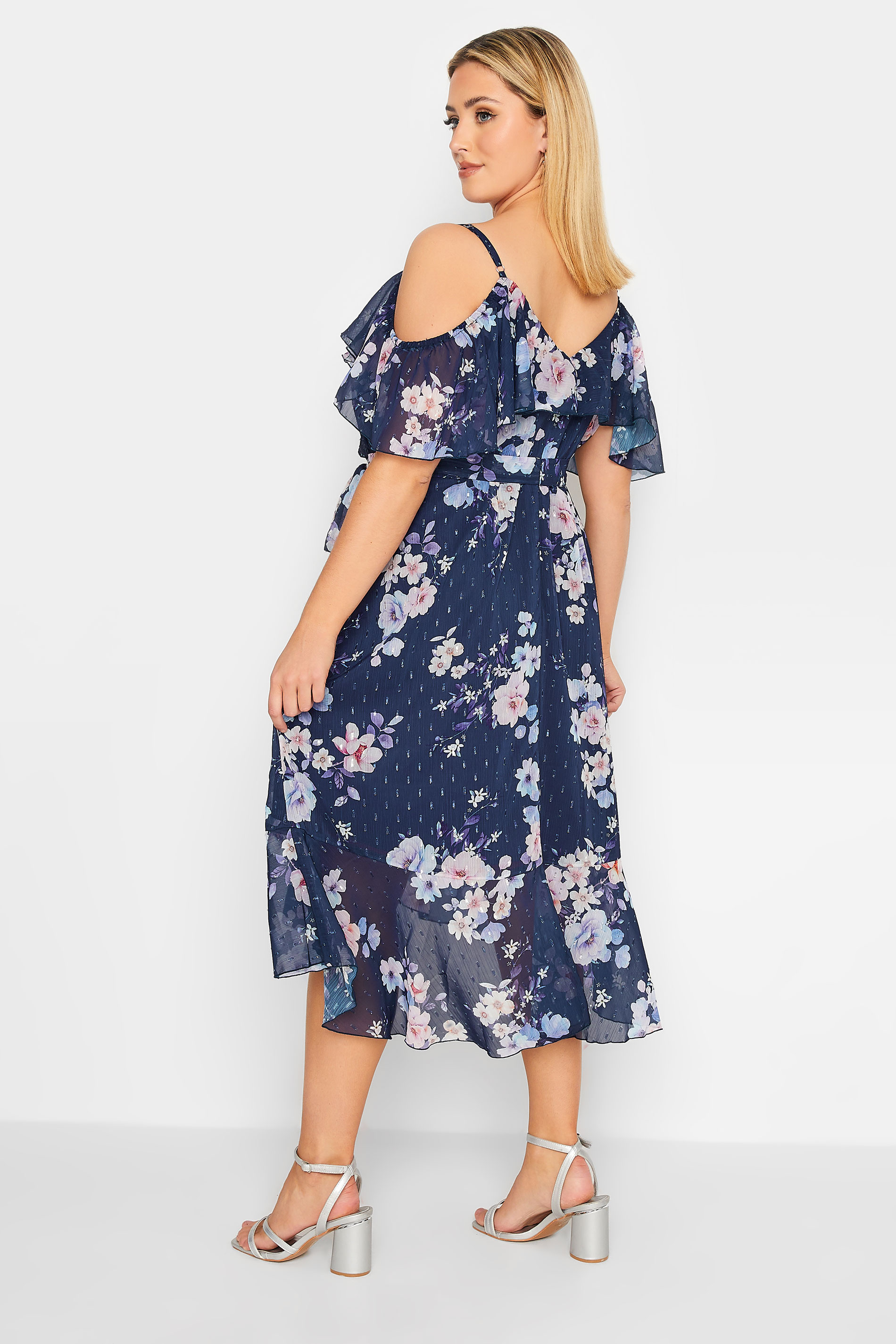 YOURS LONDON Plus Size Blue Floral Cold Shoulder Wrap Dress | Yours Clothing  3