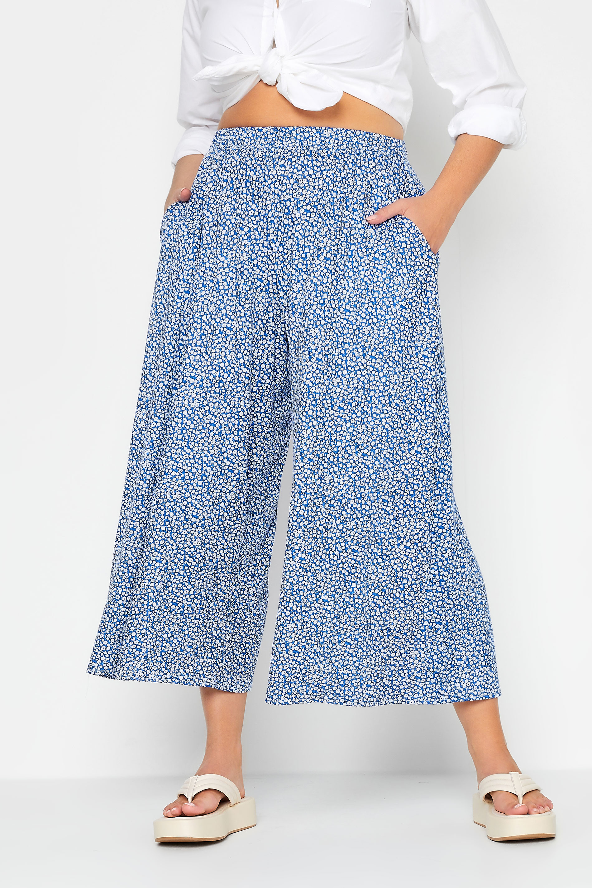 LIMITED COLLECTION Plus Size Blue Ditsy Print Extra Wide Leg Culottes | Yours Clothing  1