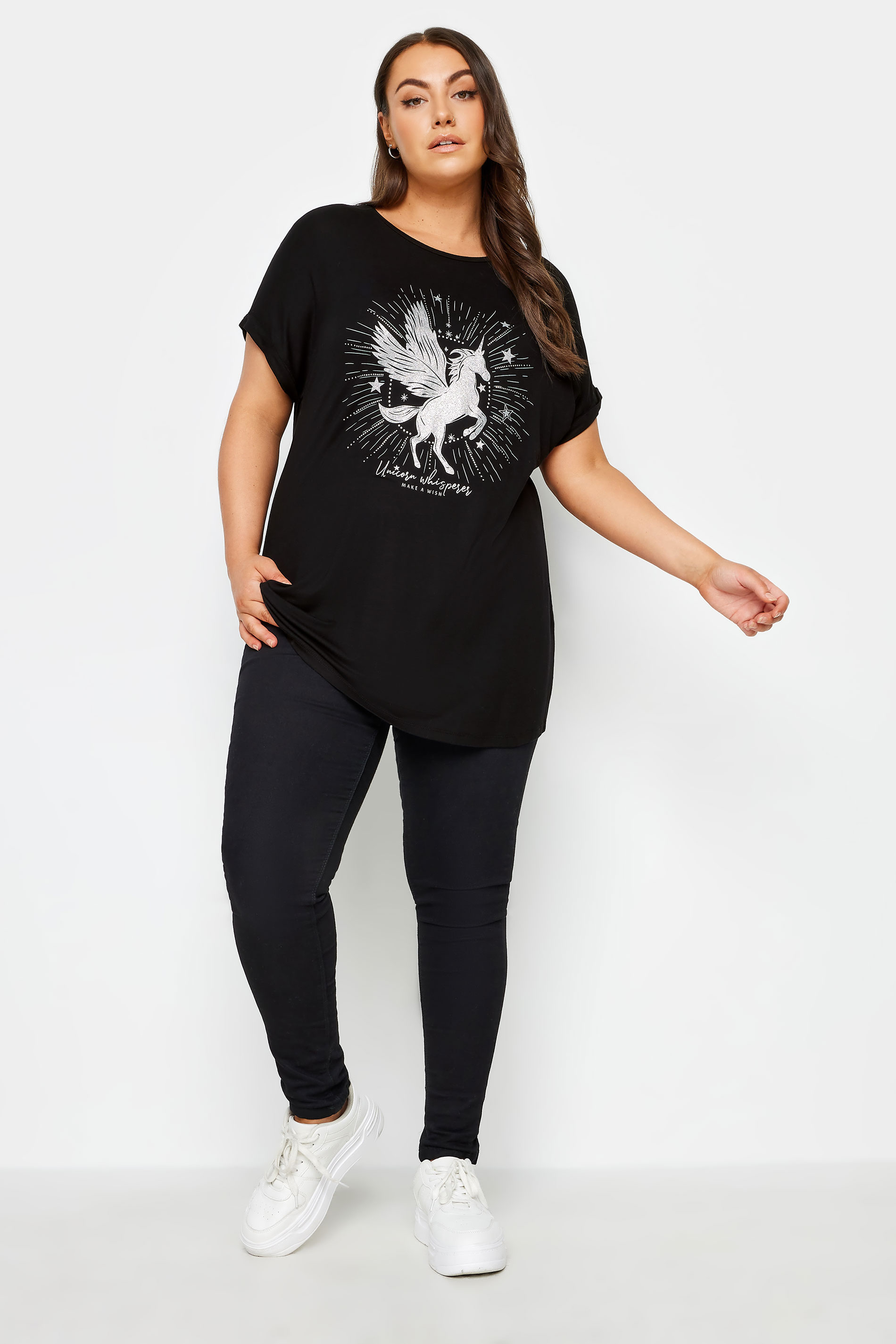 YOURS Plus Size Black Unicorn Design Glitter Embellished T-Shirt | Yours Clothing 2